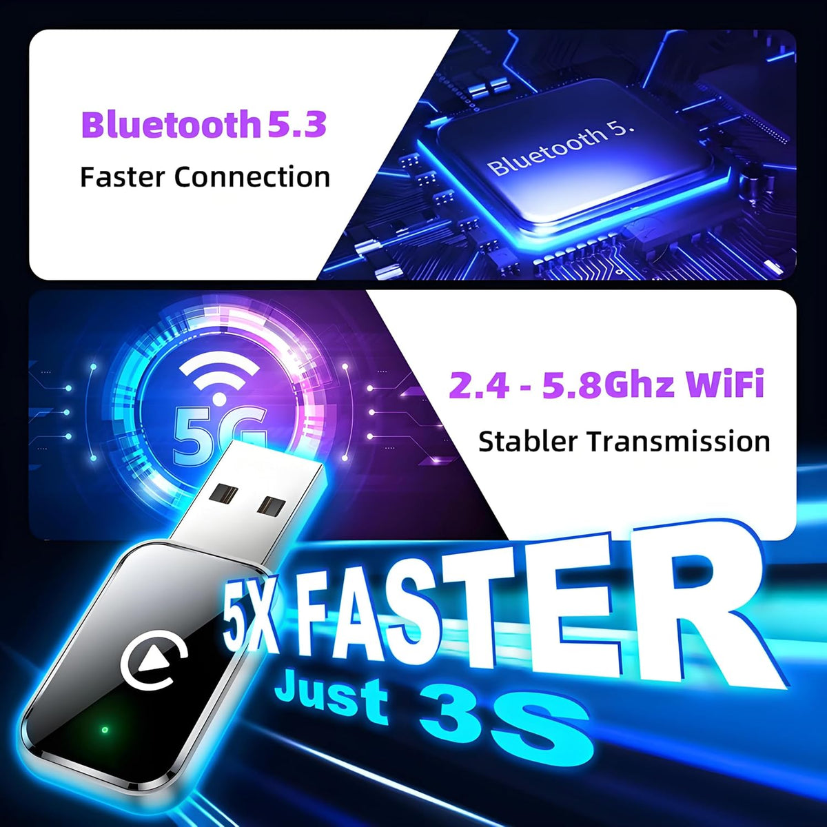 Wireless CarPlay Adapter for iPhone, Convert Wired to Wireless Apple CarPlay Adapter, Plug & Play, No Delay & Stable Control, Mini Size, USB & USB-C/Type-C for Cars 2016+ iOS10+ (Silver)