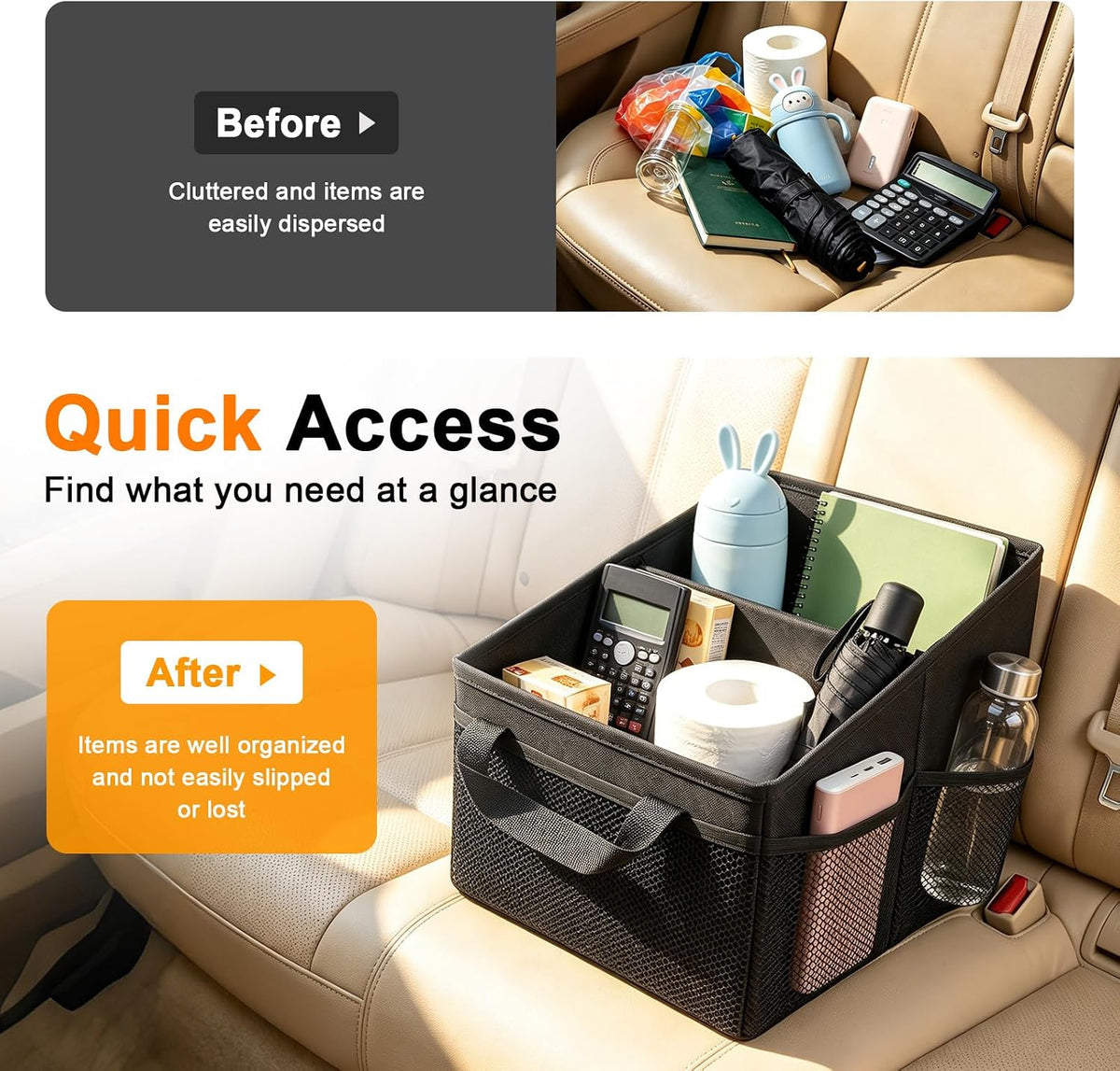 BFXM Car Organizer Back Seat, Black Collapsible Middle Seat Car Organizer