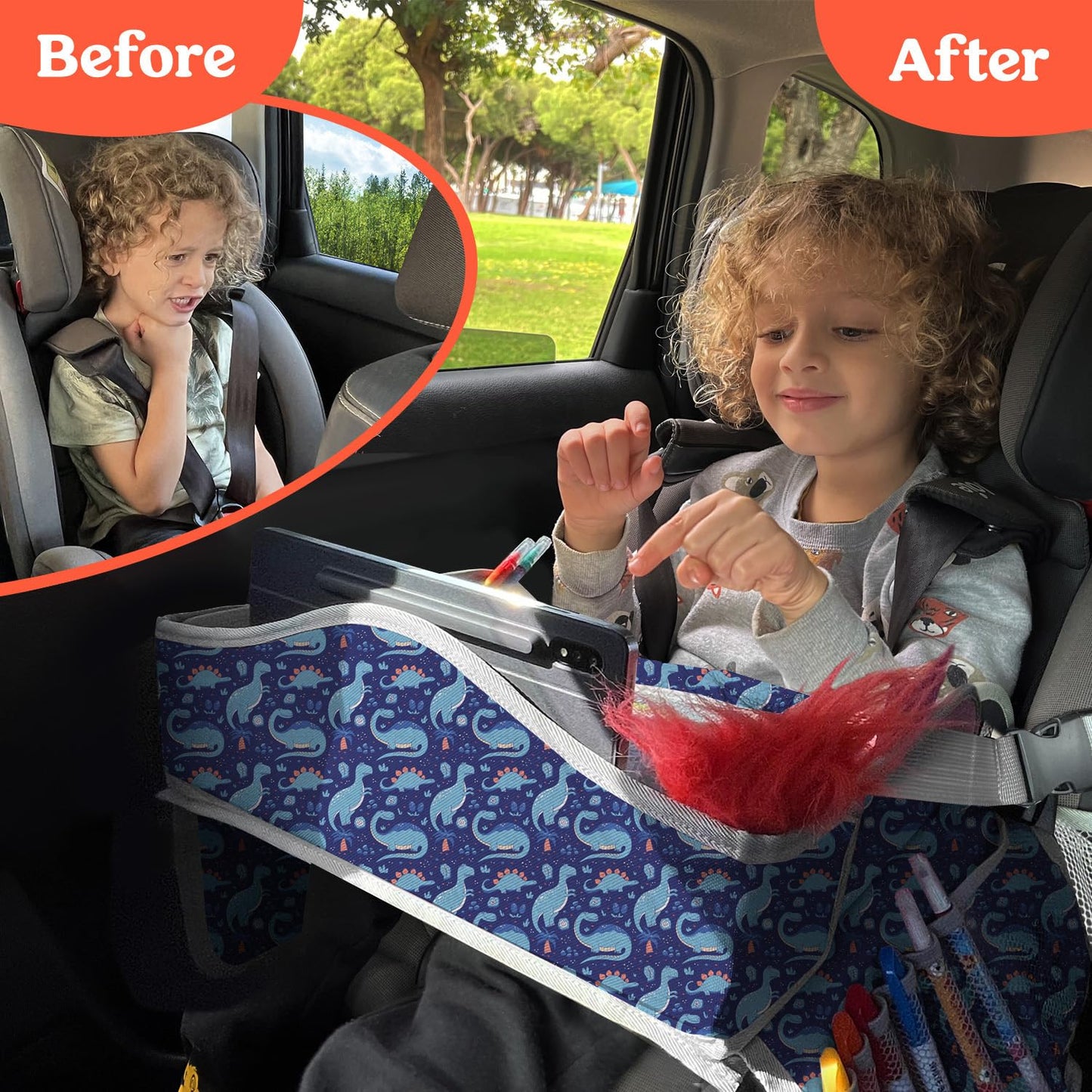 PILLANI Kids Travel Tray for Car - Toddler Essentials for Road Trip, Carseat Tray for Kids Travel, Car Activities for Kids Ages 4-8 w/ Activity Sheets & Pens, Tablet Holder, Dry Erase Board,Cup Holder