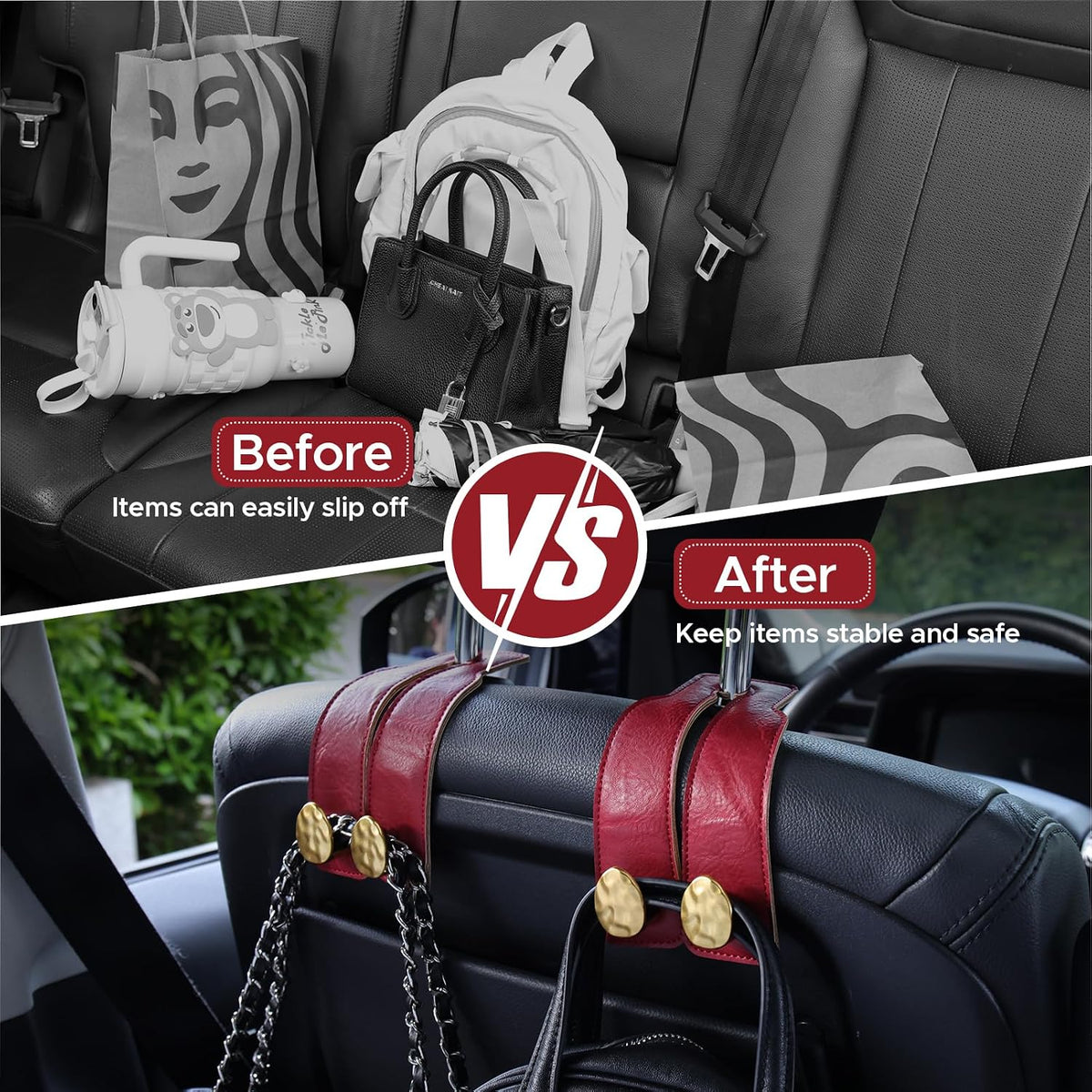 Leather Car Purse Hook for Headrest, 2 Pack (Red-Gold)