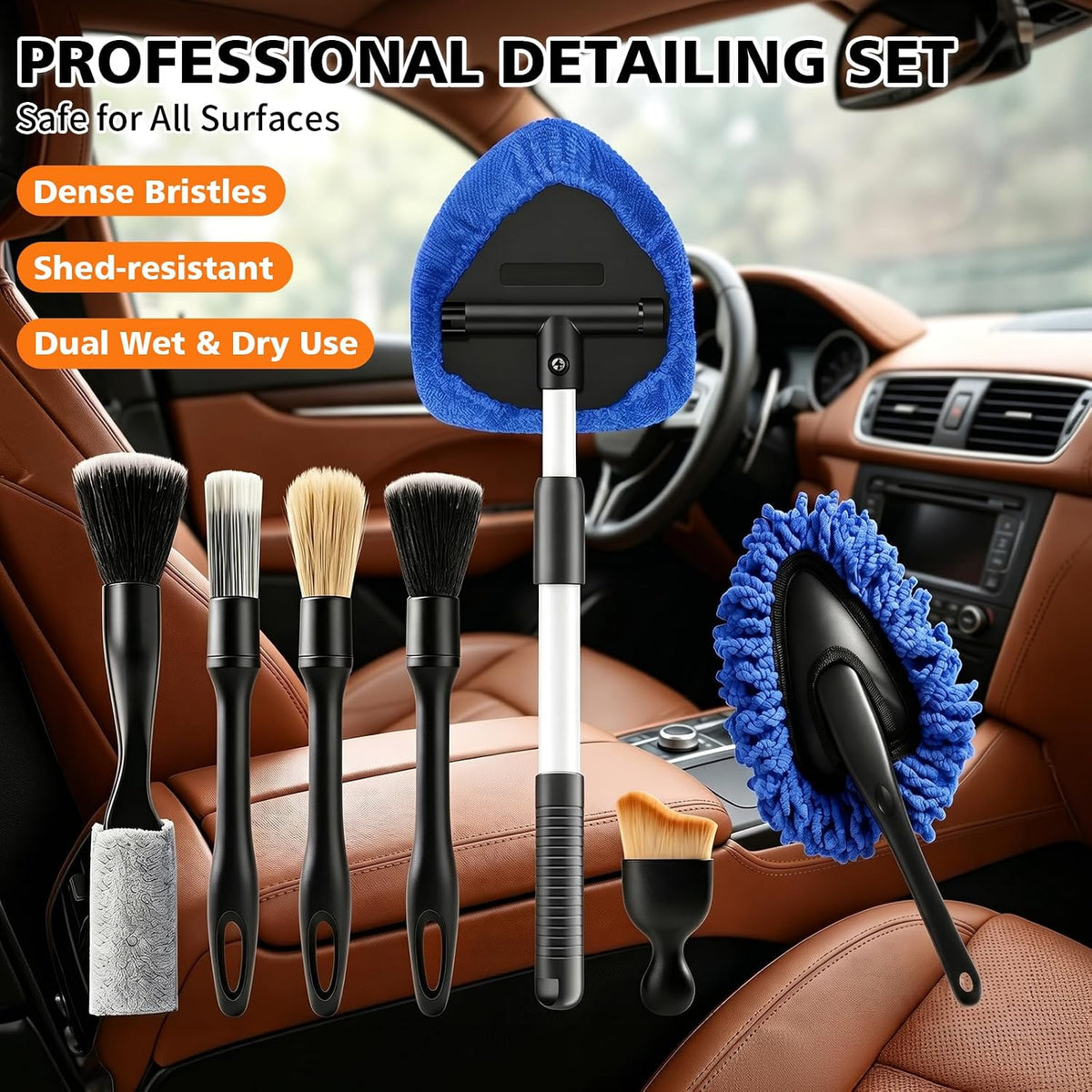 Windshield Cleaner Tool, 12Pcs Car Cleaning Kit, 23-inch Extendable Handle with 4 Microfiber Pads, Car Interior Detailing Brushes, All-in-One Inside Car Cleaning for Auto Detailing
