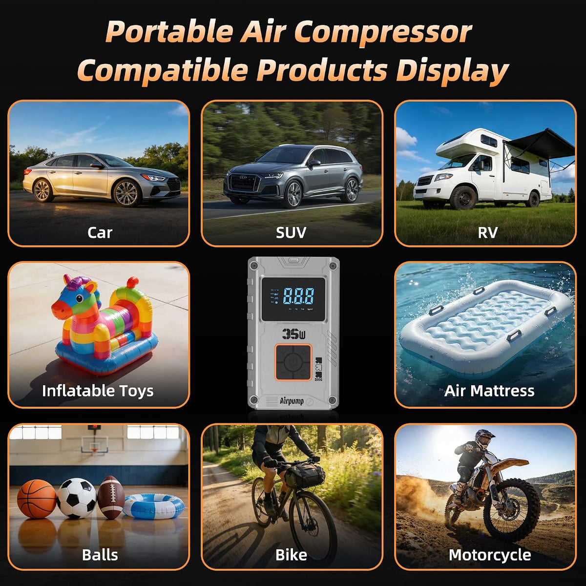 Portable Air Compressor Tire Inflator, 150 PSI Car Tire Air Pump, 6000mAh Digital Display Cordless Tire Inflator for Car Tires, Portable Tire Inflator for Motorcycles, Bikes, Car Accessories