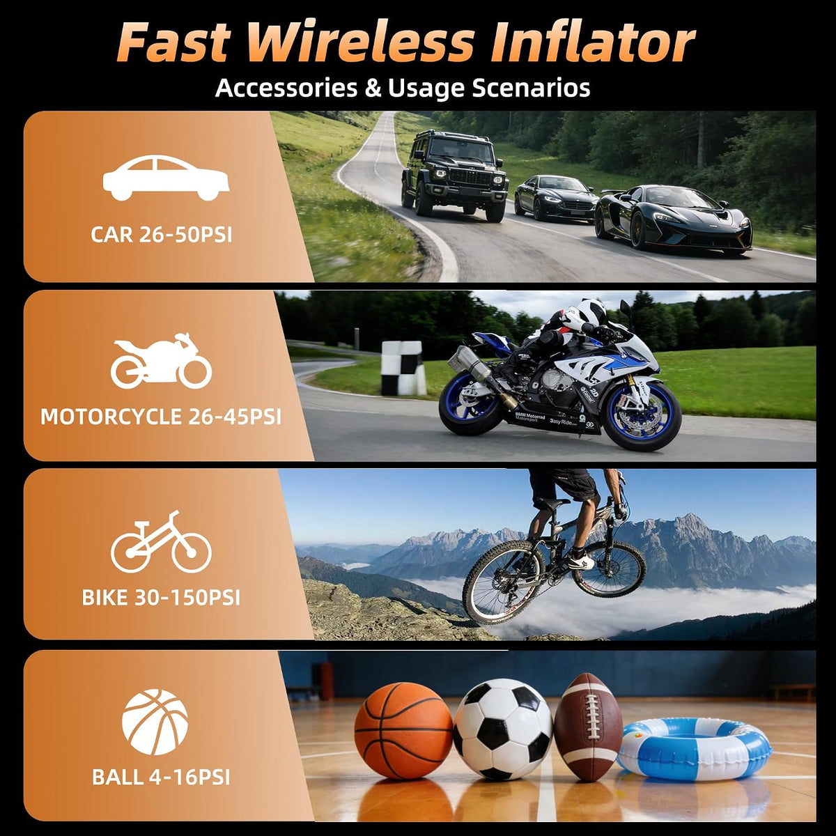 Portable Air Compressor Tire Inflator, 150 PSI Car Tire Air Pump, 6000mAh Digital Display Cordless Tire Inflator for Car Tires, Portable Tire Inflator for Motorcycles, Bikes, Car Accessories