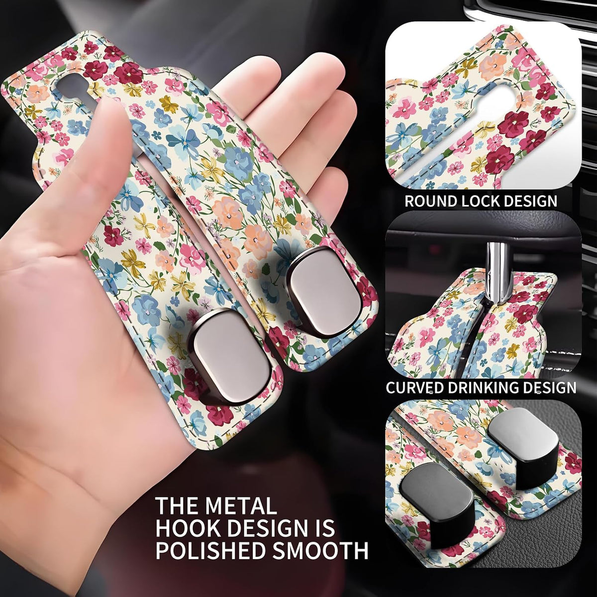 Car Seat Back Storage Headrest Hook, Premium Leather Double Metal Hook, Hanger Storage Organizer for Purse Cloth Bag, Car Interior Accessories Colorful Boho Flowers