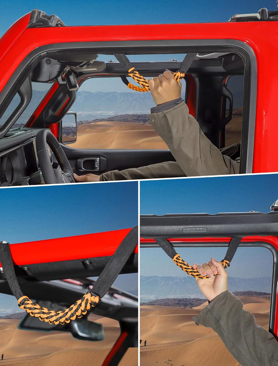 Savadicar 2 Pack Paracord Roll Bar Grab Handles for 2018-2024 Jeep Wrangler JL JLU 4XE &amp; Gladiator JT, Comfortable Cylindrical Weave for Secure Grip, Essential Interior Accessories, Orange