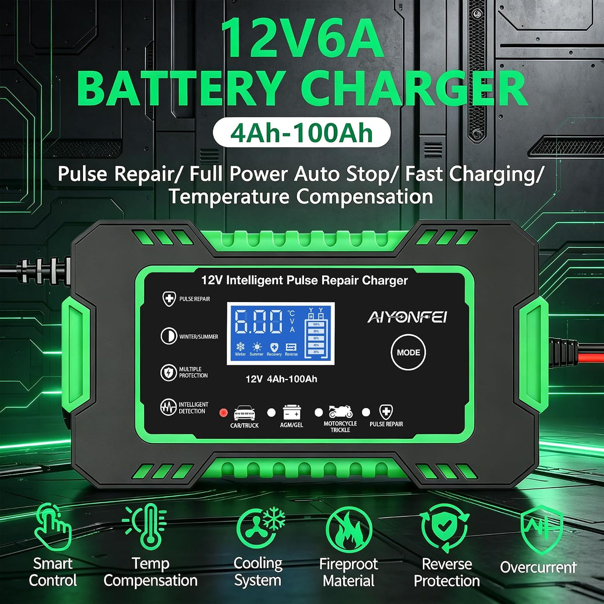 Car Battery Charger 12V 6A Smart Trickle Charger Fully Automatic