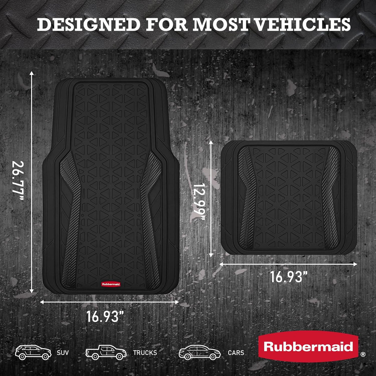 Rubbermaid Car Floor Mats Full Set, Premium Heavy Duty All-Weather Car Mats– Rugged Rubber with Brushed Aluminum Inserts, Universal Trim-to-Fit, Anti-Slip Backing for Cars, SUVs, Trucks & Vans - Black