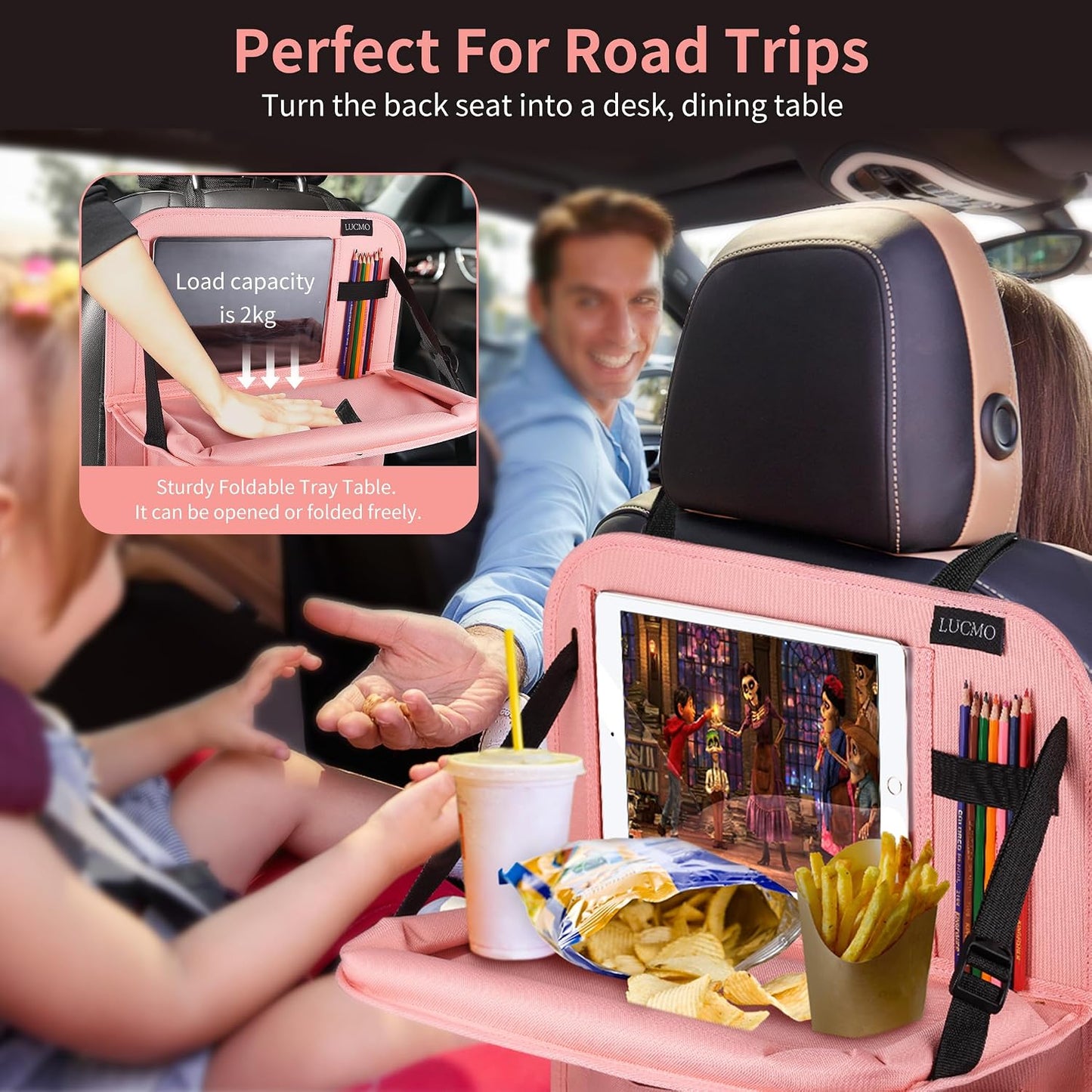 LUCMO Car Backseat Organizer with Foldable Tablet Holder, Pink | 6 Storage Pockets,Foldable Food Tray,Protectors Kick Mats,Travel Accessories,Seat Cover,Road Trip Essentials
