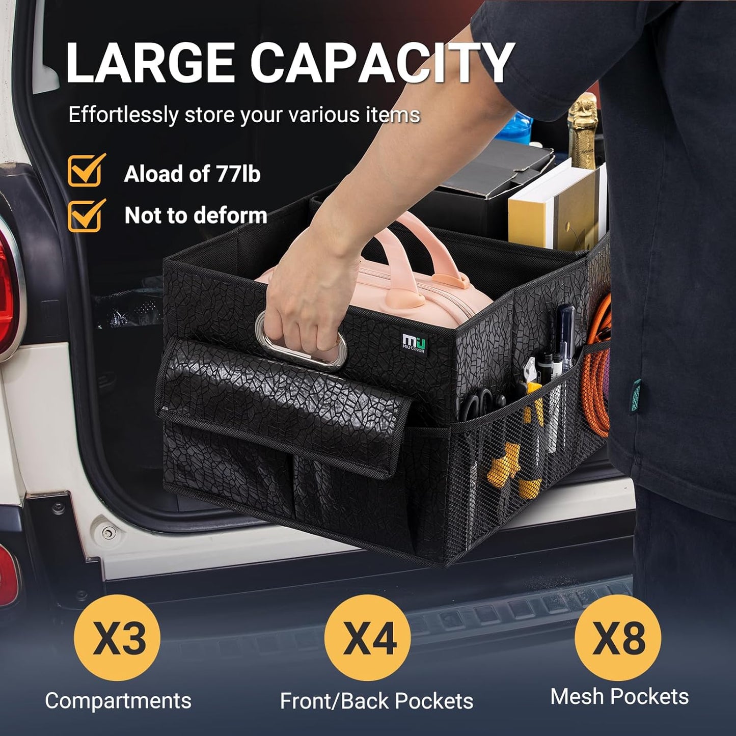 MIU COLOR Trunk Organizer for SUV, Sturdy Car Organizer, Non-Slip Bottom, Folded Storage Organizer for Sedan, Van, Jeep, Grocery, Car Accessories, Large 3 Compartments, Art Black,32"×13"×10.6"