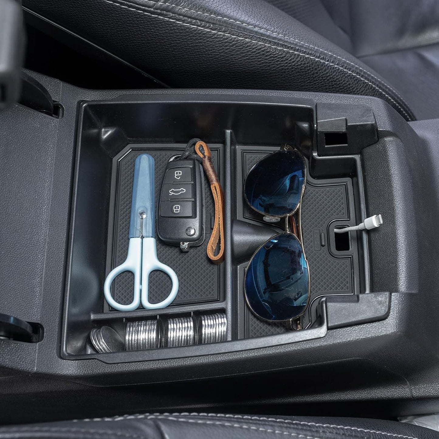 JDMCAR Center Console Organizer Compatible with 2023 2024 2025 2026 Chevy Colorado/GMC Canyon Accessories, Coin Container Armrest Secondary Storage Box with Non-Slip Silicone Mat (Black Trim)