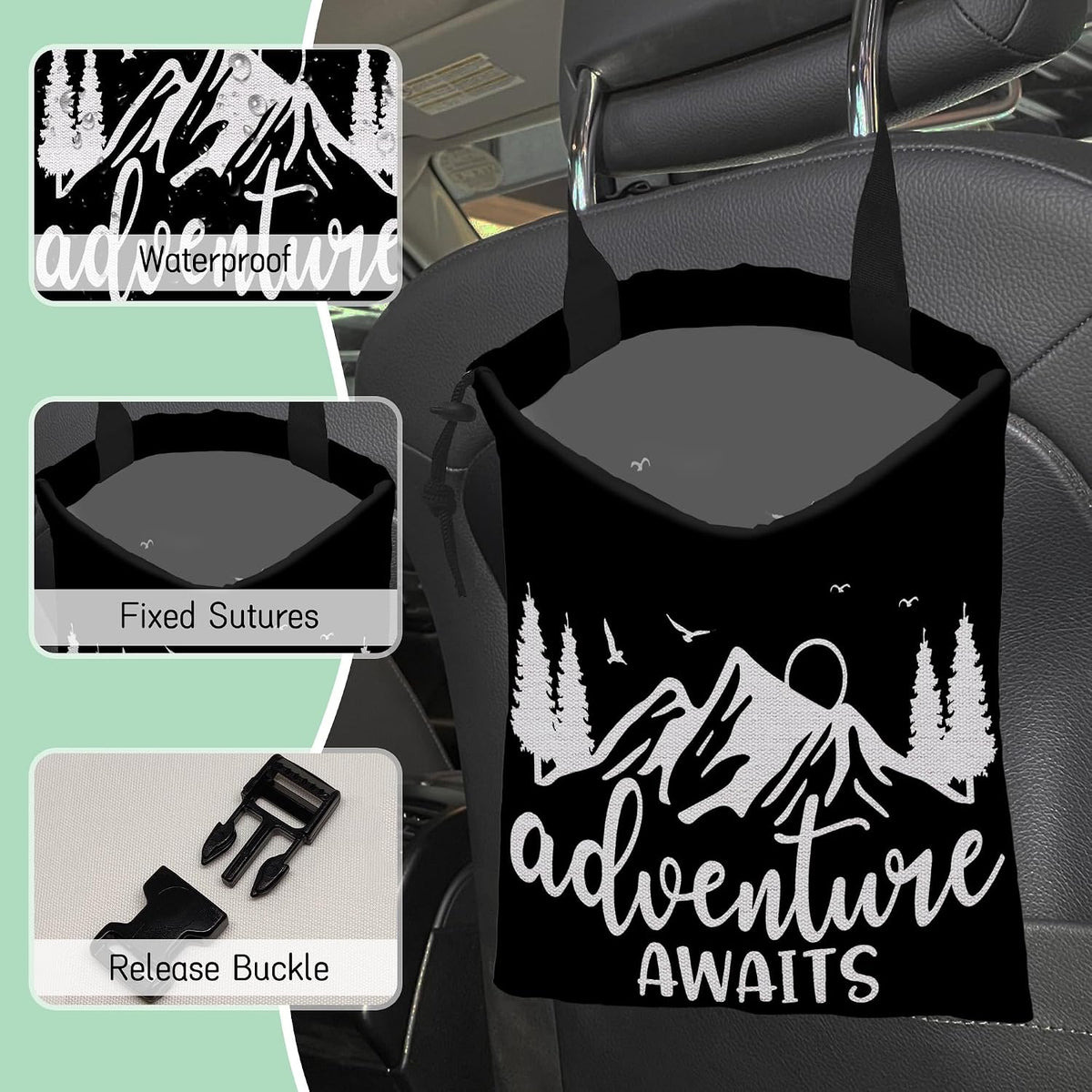 Adventure Awaits Car Garbage Bag,Nature Mountain Waterproof Small Car Trash Bag Hanging Back of Seat,Drawstring Hanging Car Trash Bag with Adjustable Buckle for Car Accessories