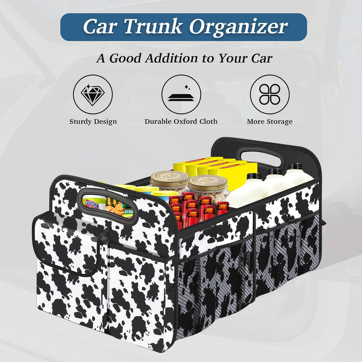 Trunk Organizer, Collapsible Trunk Organizers and Storage, Car Accessories for Women and Men, Multi-Compartment Trunk Storage Organizer for SUV, Car, Mini-Van (Cow Print, Standard)