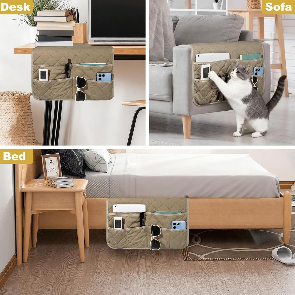 Remote Control Holder for Recliner, Armchair Caddy, Non Slip Sofa Armrest Organizer for Recliner Couch With 6 Pockets for TV Remote,Cell Phone,Magazine (Beige)