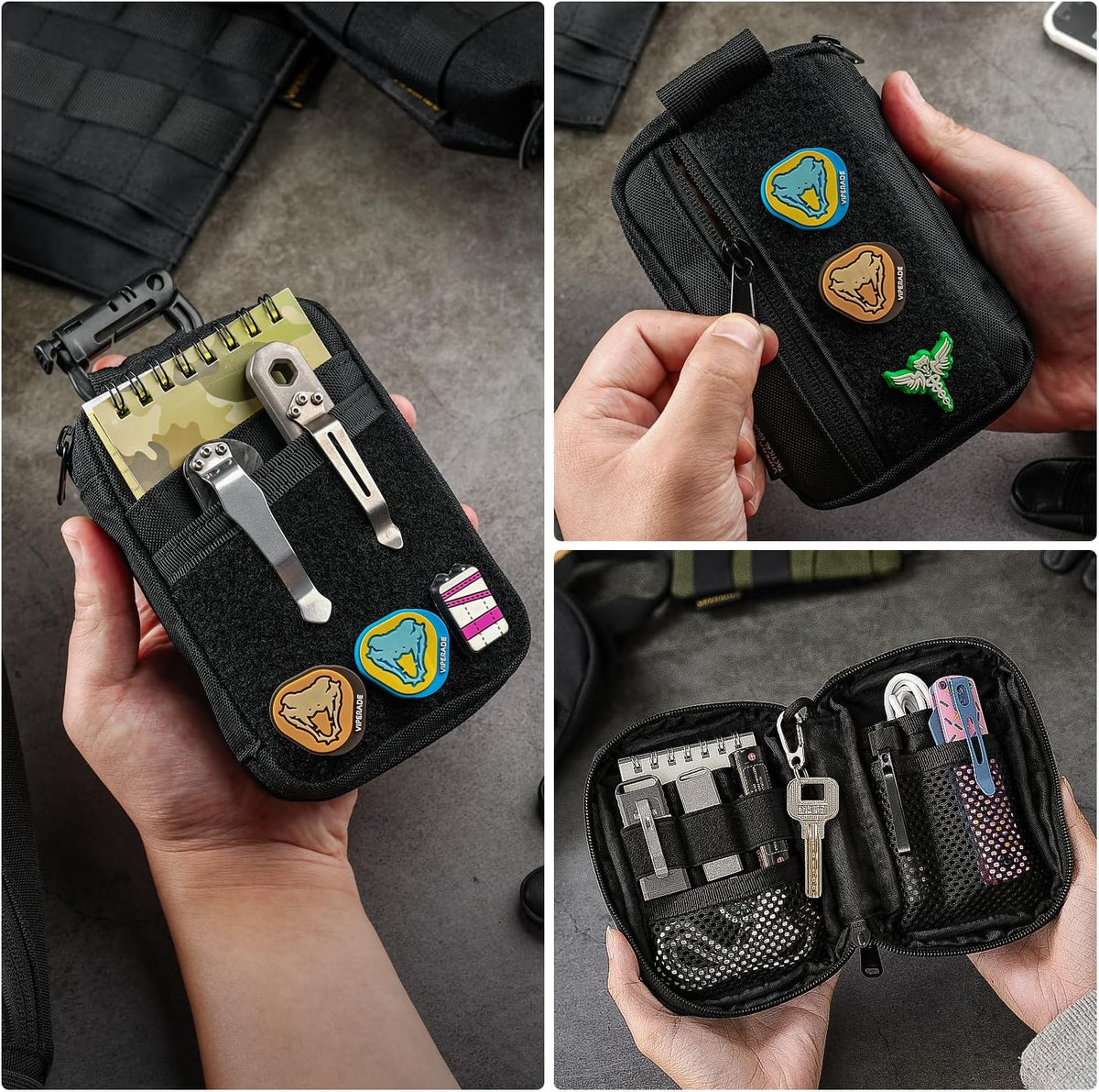 VIPERADE VE26 EDC Pouch Organizer with 11 Compartments, Small Tool Pouch with DIY Patches Area, EDC Pocket Organizer for Mutitools