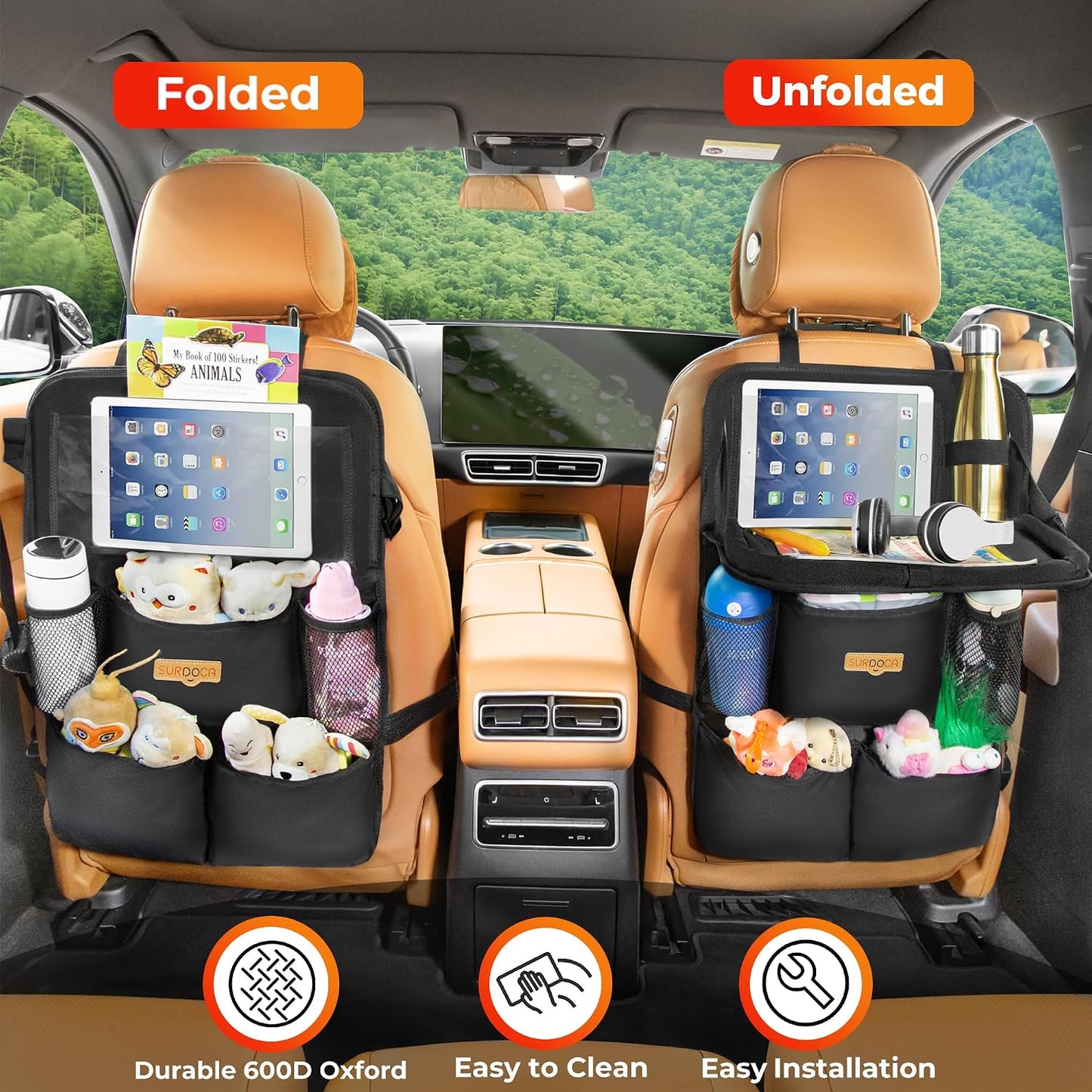 SURDOCA Backseat Car Organizer with Foldable Tray for Kids & Adults – NEW MODEL Seat Storage with Touchable Tablet Pocket, Roadtrip Essentials – Fits Most Vehicles