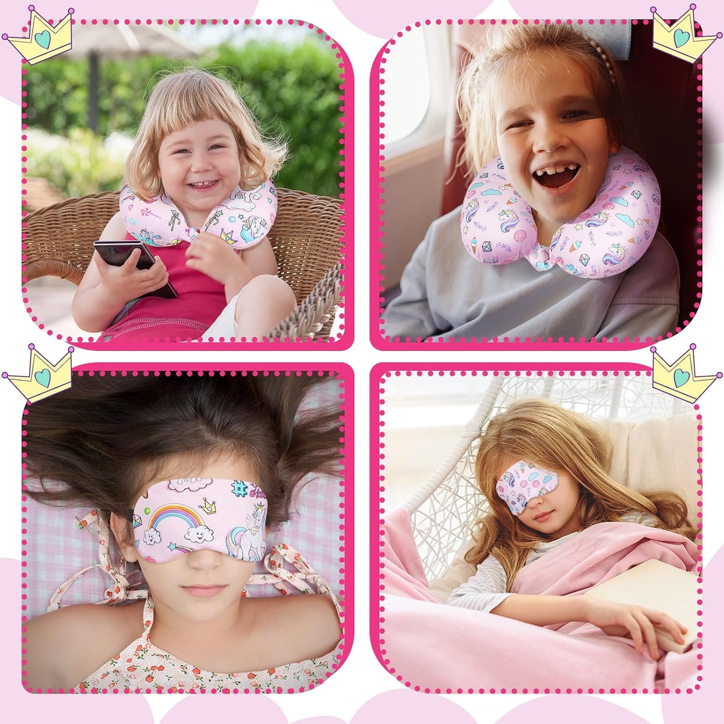 Thyle 2 Set Unicorn Neck Travel Pillow for Kids and Eye Mask Lightweight Travelling Sleeping Pillow Set for Airplane, Car, Train, Bus and Home Use Support Blindfolds