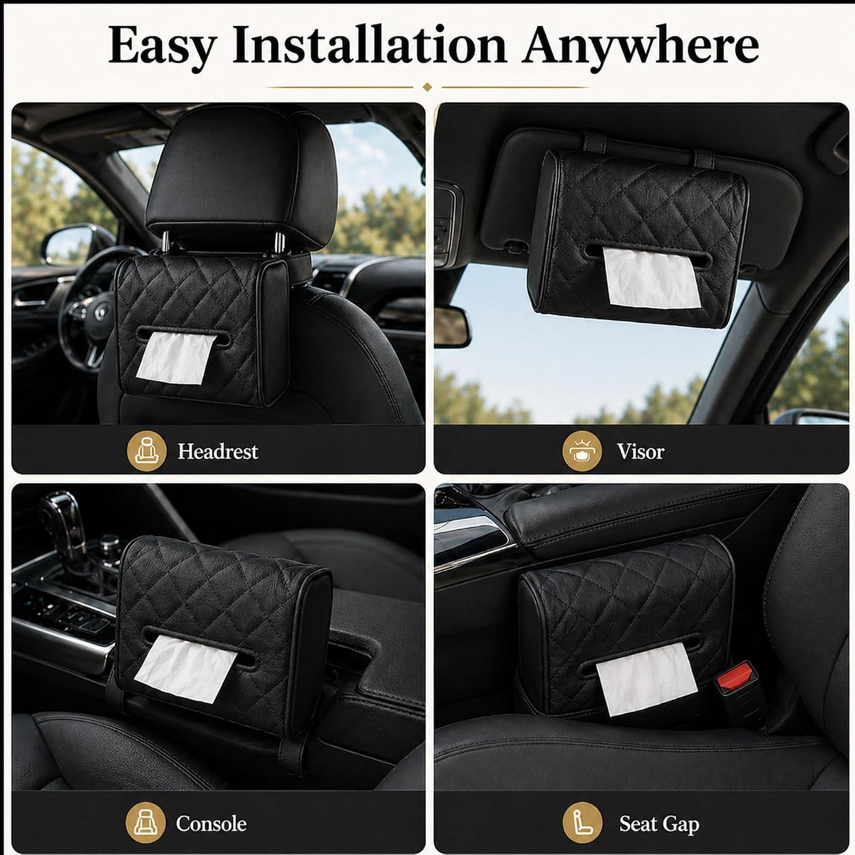Luxury Quilted Car Tissue Holder – Headrest-Mounted Tissue Box for Cars, SUVs & Trucks – PU Leather Tissue Dispenser with Secure Strap – Easy One-Hand Access (Black)