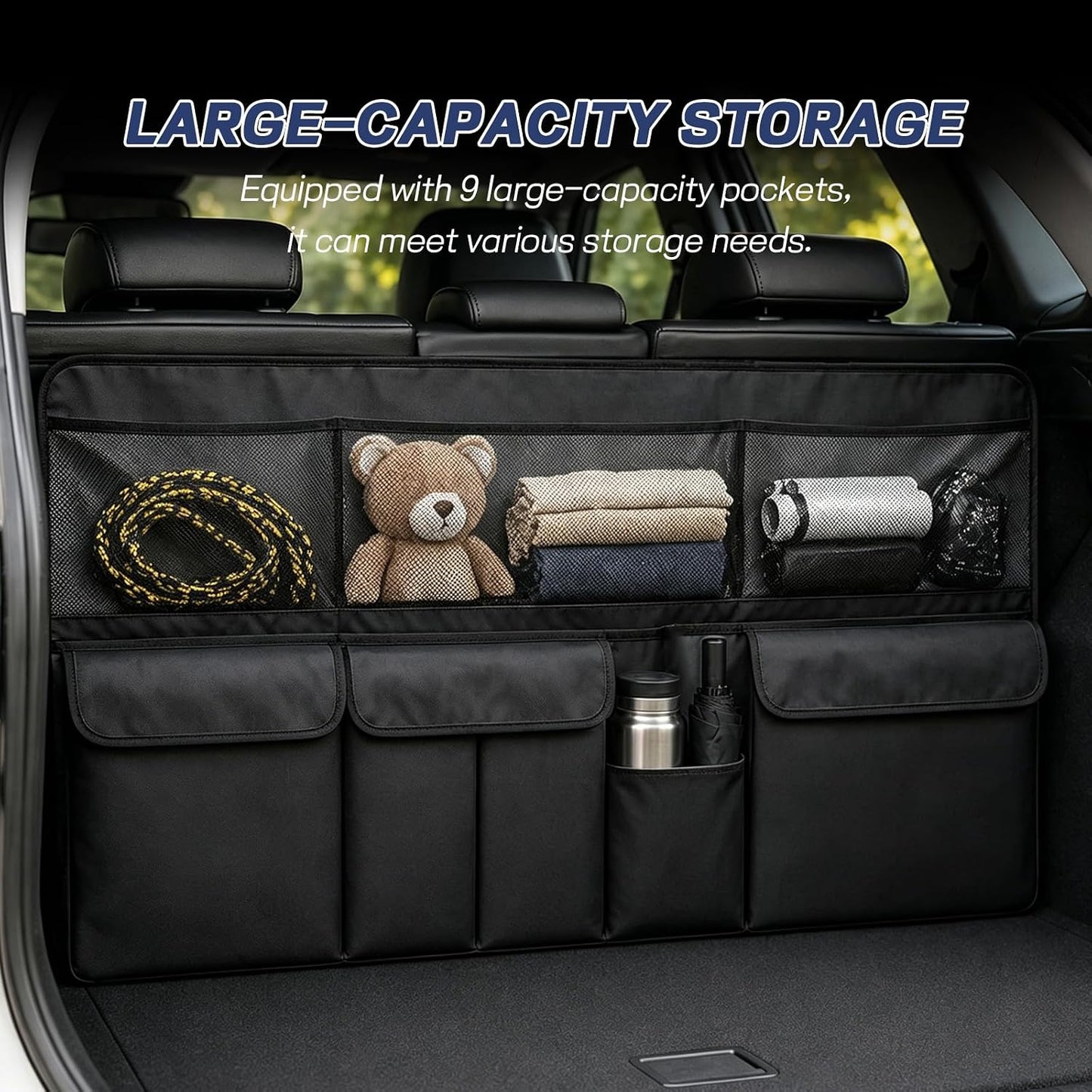 wuyaoyao Car Trunk Organizer, 9 Pockets Large Capacity Vehicle Backseat Hanging Storage Bag, Space Saving Automotive Seat Back Trunk Cargo Organizer Bag for SUV, Universal Car Accessories (Black)