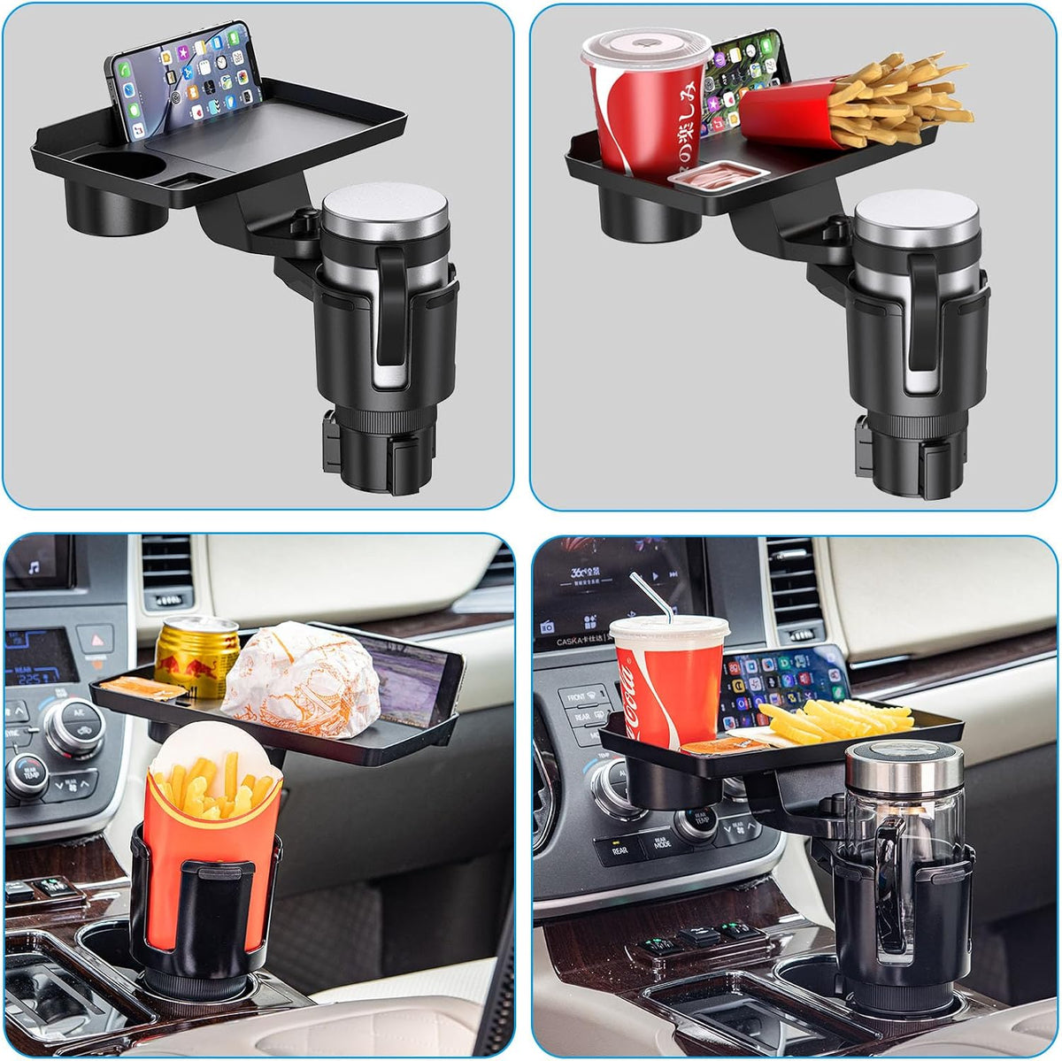 Cup Holder Tray, Detachable 360° Rotatable w/Phone Mount, Fits 2.6‑3.9 Inch