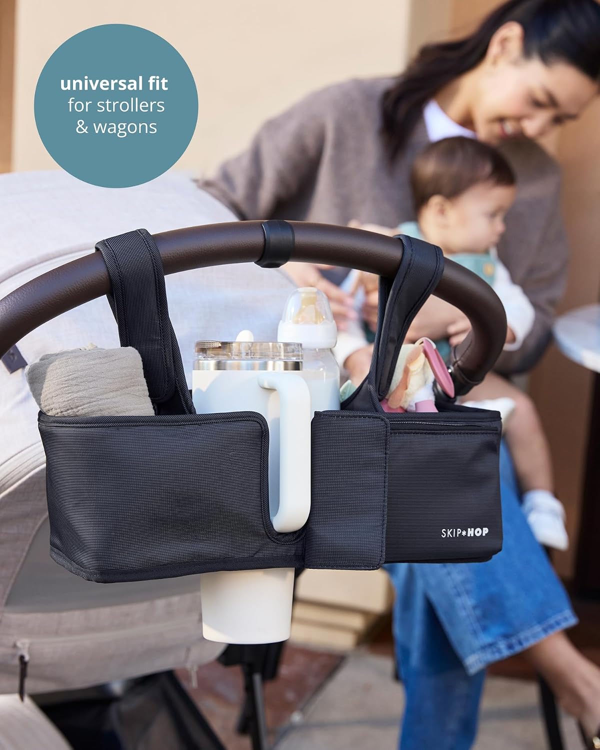 Skip Hop Ultimate Stroller Organizer Universal Fit with Adjustable Straps, Magnetic Flaps and Convertible Design That fits 40 oz. Tumblers, Black