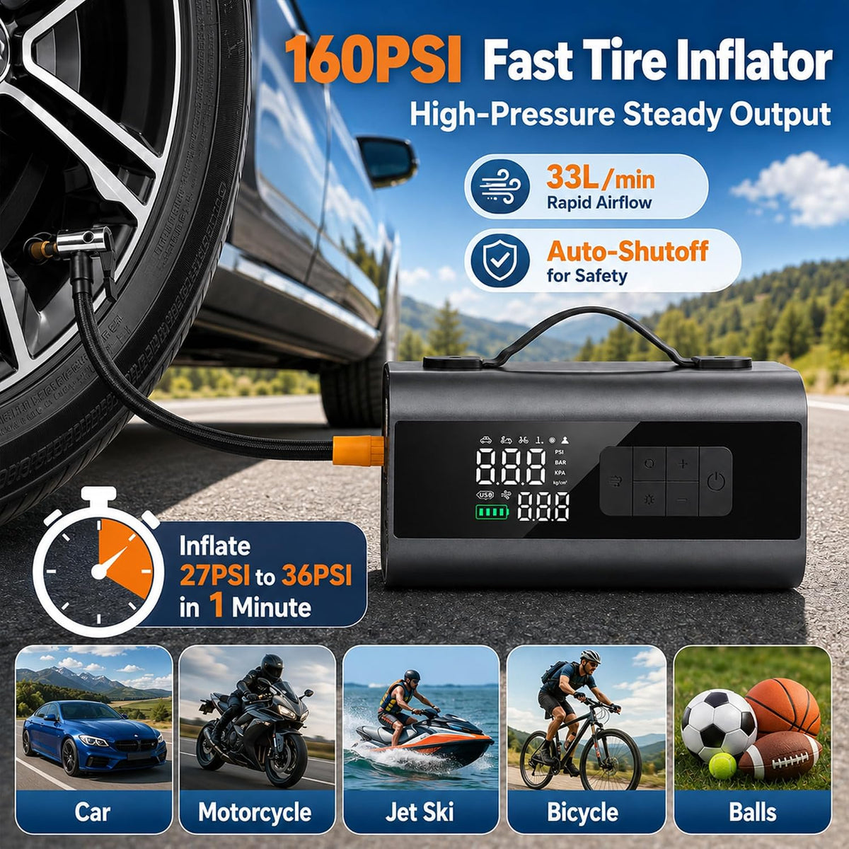 9000A Portable Car Battery Jump Starter with Air Compressor, 160PSI Tire Inflator, 6500Pa Car Vacuum & Air Blower, LED Light & Power Bank, Roadside Emergency for Family Travel, SUV, Truck