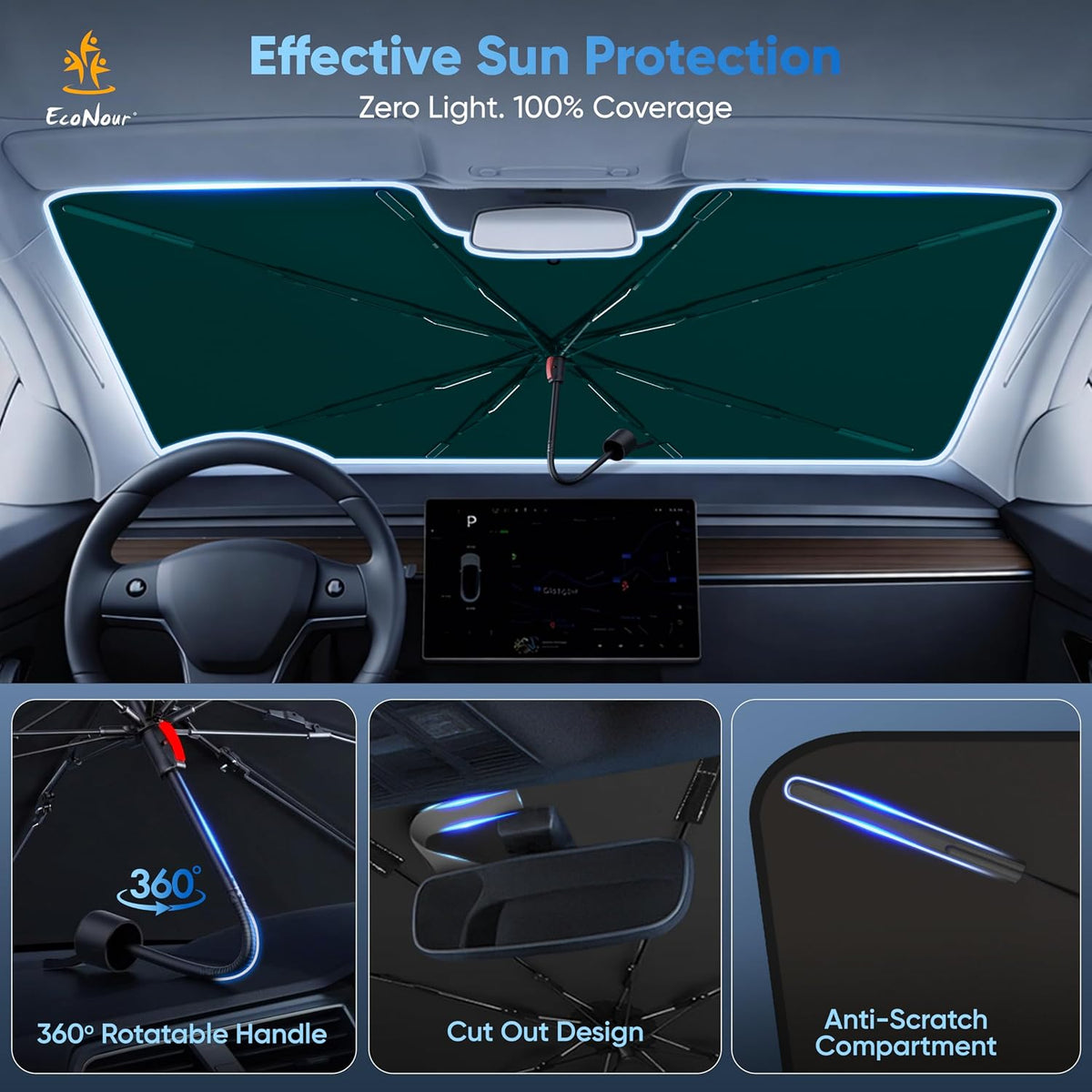 EcoNour Umbrella Windshield Sun Shade, Foldable Front Umbrella Car Windshield Shade with UV & Heat Protection | Sun Visor for Car 57"x36.75"