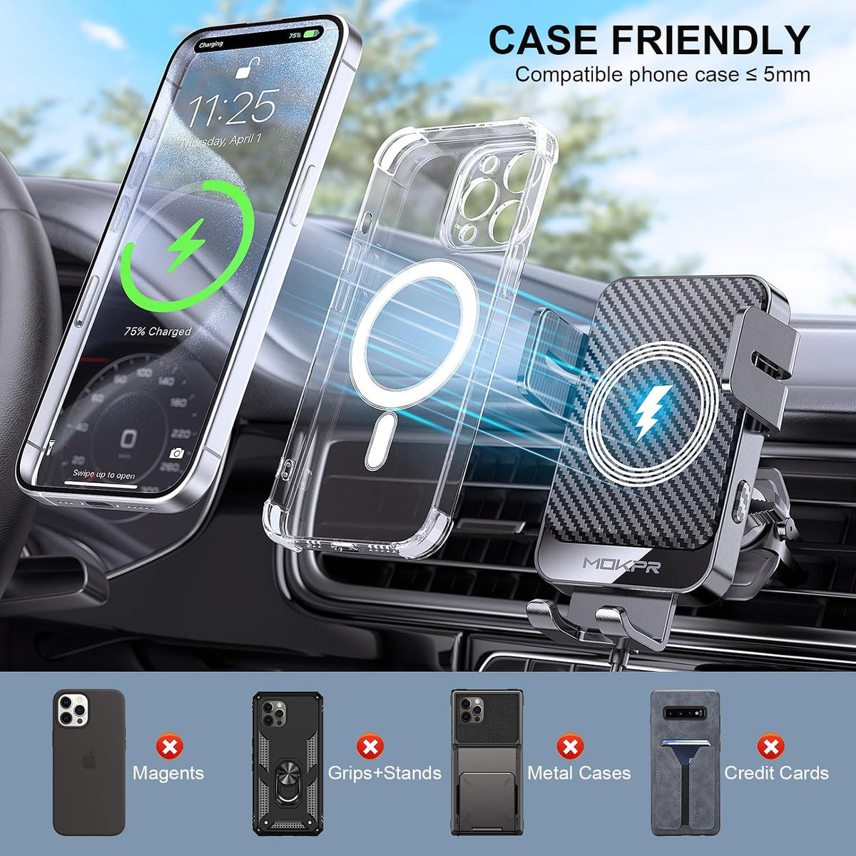 Wireless Car Charger 15W Fast Charging Auto-Clamping Air Vent Phone Mount