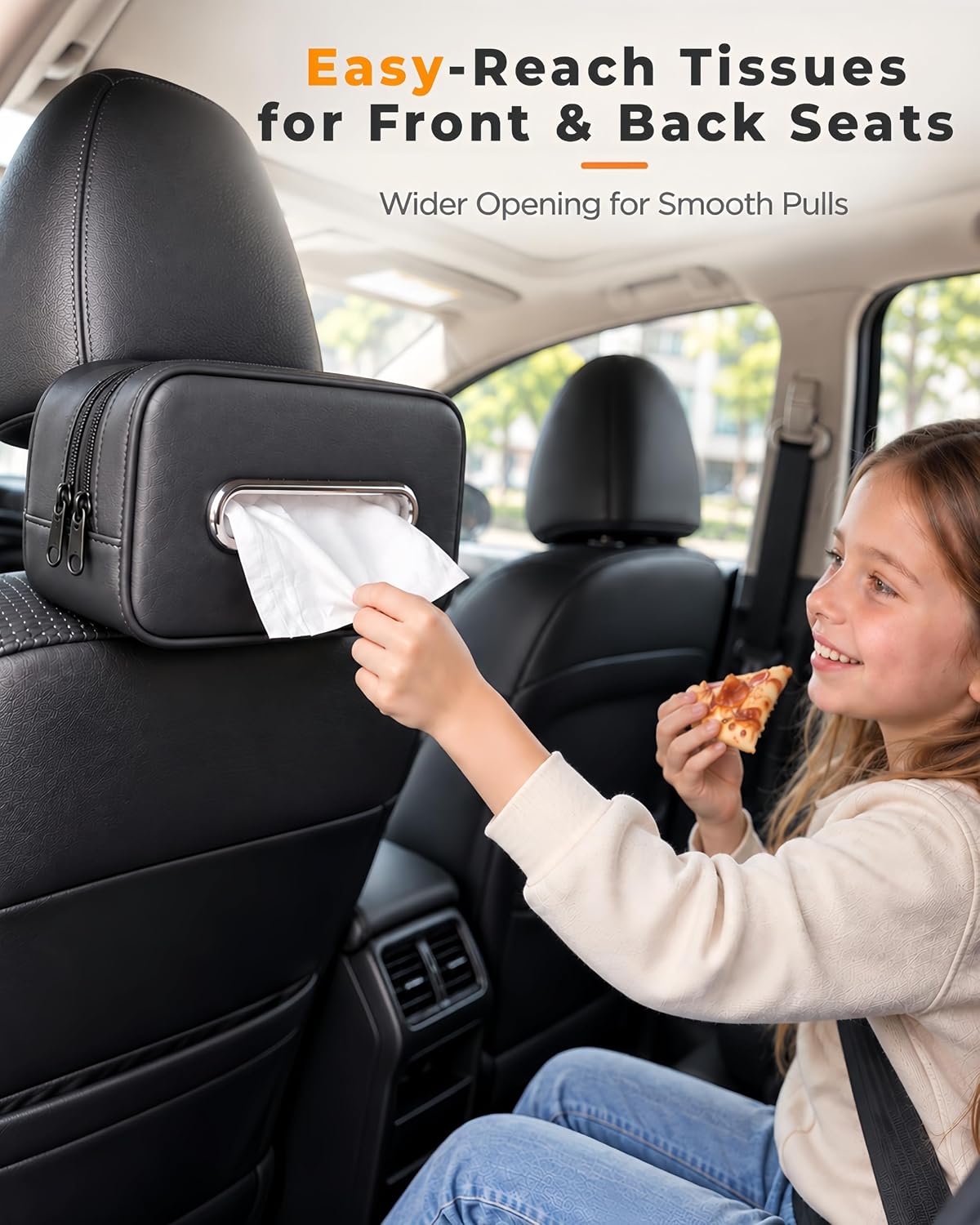 Leather Car Tissue Holder, Extra Large Tissue Holder for Car, Fits 120–230 Count Rectangular Tissue Boxes, Wider Opening for Easy Access, Dual Zipper for Headrest,Console,Seat Back (Black)