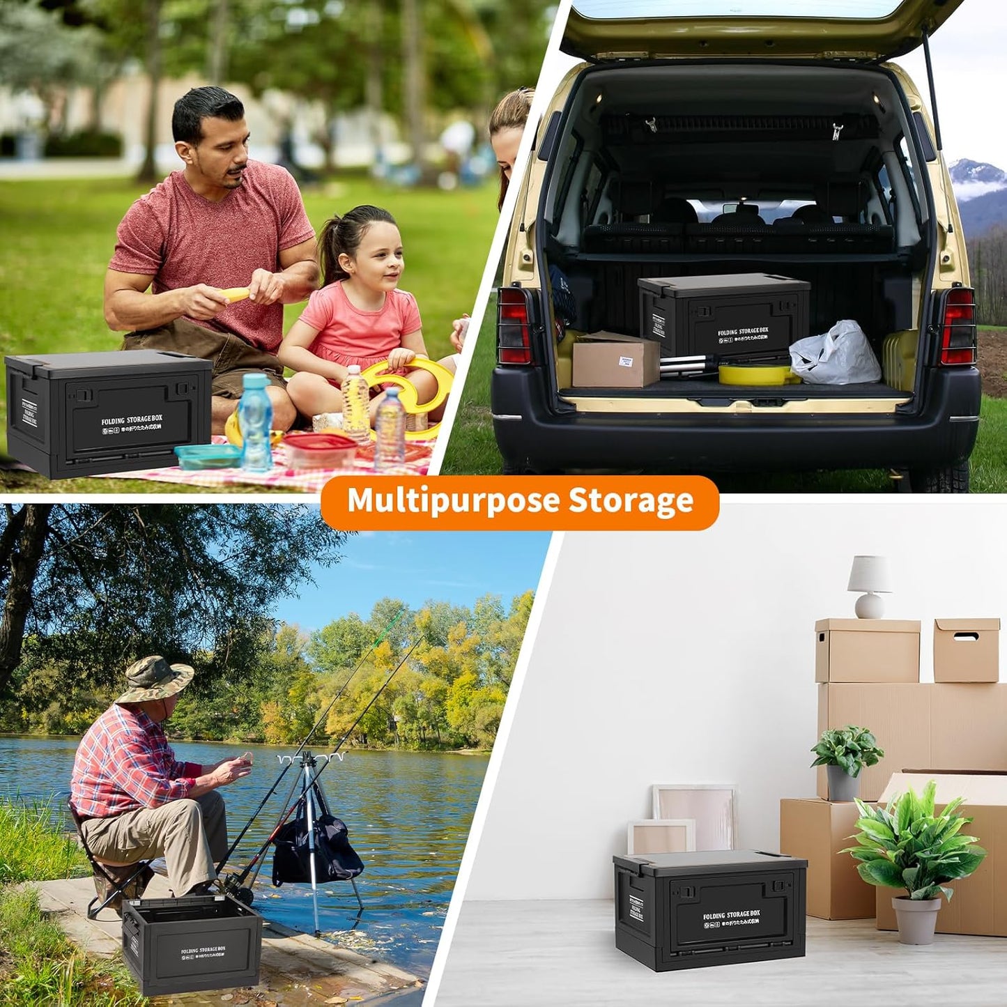 Collapsible Storage Bins with Lids, Portable Foldable Box with 2 Side Doors, Organizing Stackable Storage Cases Large Heavy Duty Utility Crates for Camp Fishing Car RV Office (Extra Large-45L)