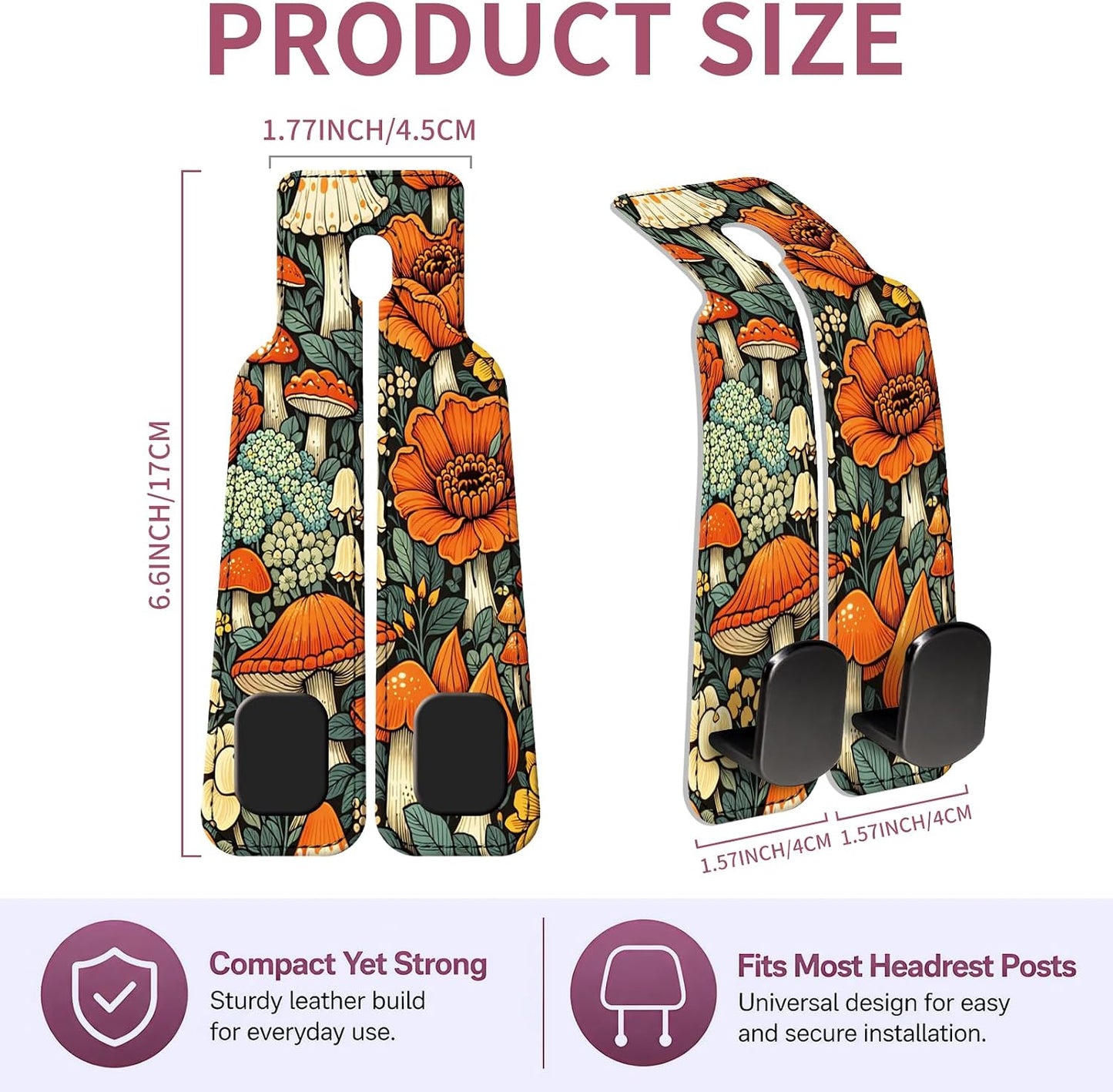 Car Seat Back Storage Hook, Funny Car Purse Hook, Cute Vehicle Storage Organizer for Purses Handbags Orange Flower Mushroom