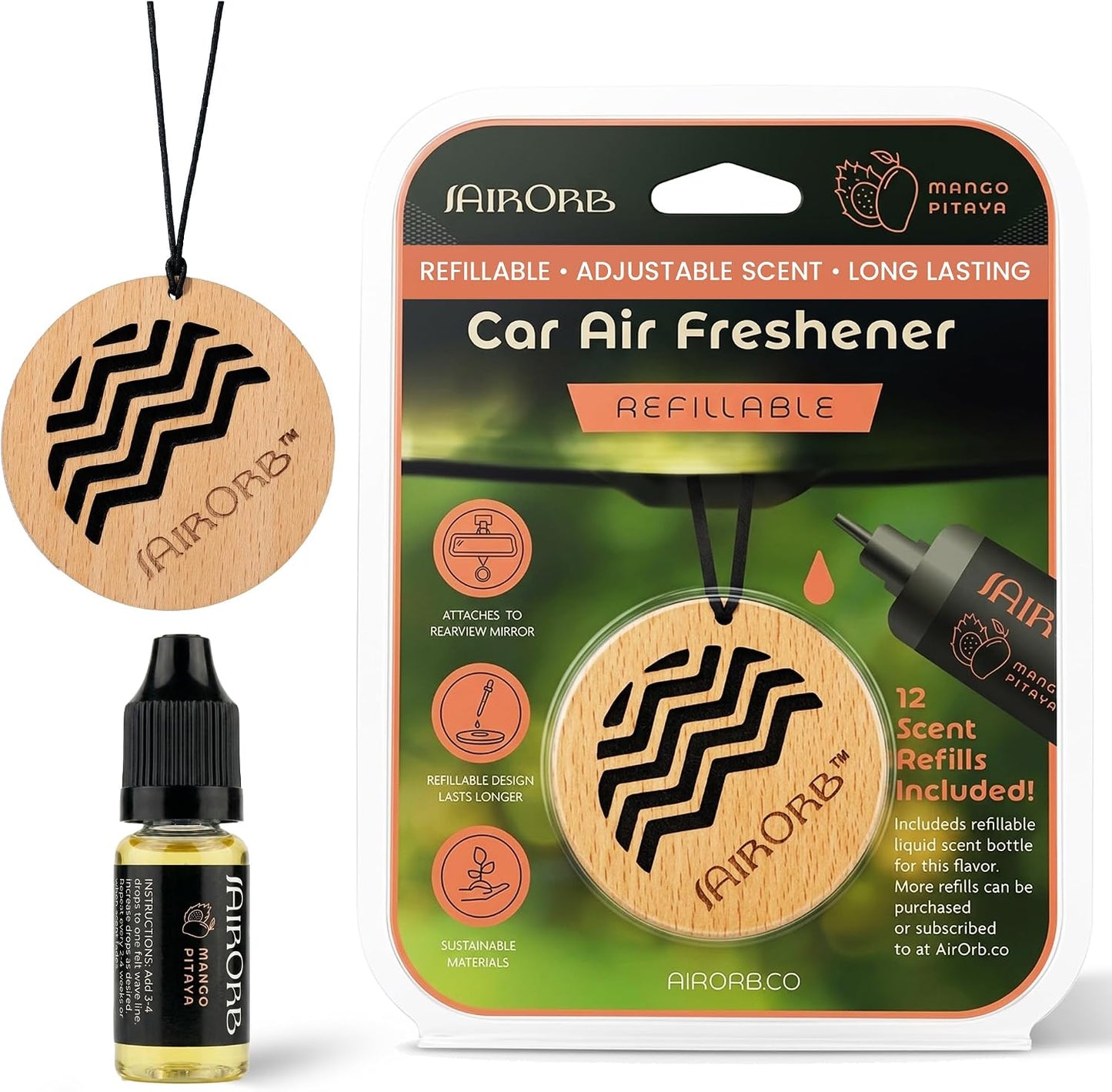 Car Air Freshener, No More Hanging Air Fresheners That Fades Quickly, Control Car Scent & Strength, Refresh Good Smells w/Long Lasting Drops from USA Made Oils Para Carro (Mango Pitaya)
