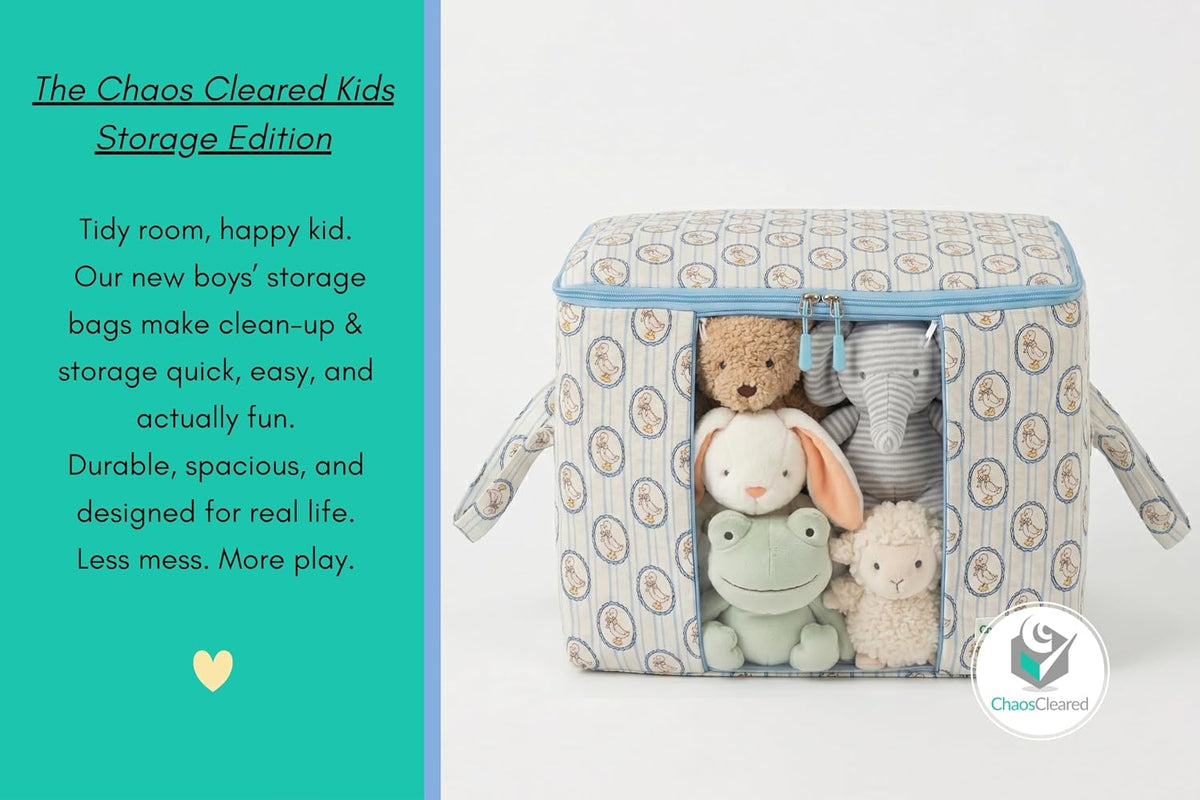 Chaos Cleared Kids Storage Bags – 100% Cotton Canvas Toy & Clothes Organizer with Cute Design – Storage Bin for Stuffed Animals, Baby Items & Clothes with Zipper & Handles (Blue Duck Print)