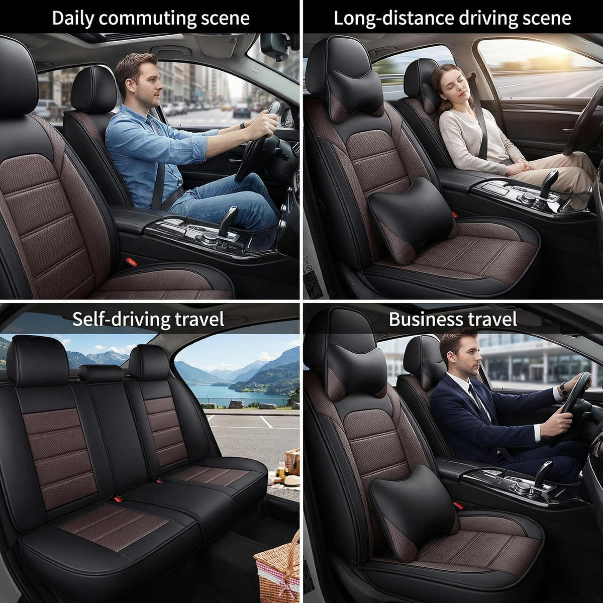 YQ FU Leather Seat Covers Black Brown Full Set w/ 2 Pillows Universal 2 Row