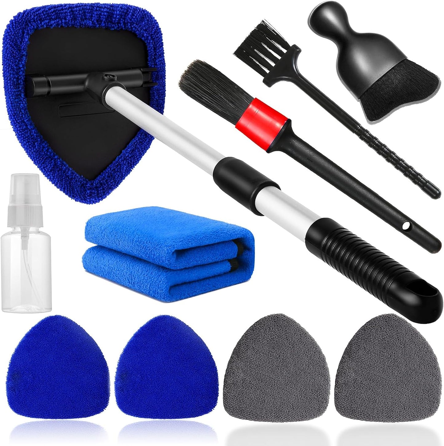 Qydipclin 10pcs Windshield Cleaning Tool Inside Car Window Cleaner Wash Kit with 4 Reusable Microfiber Pads 1 Spray Bottle and Extendable Handle Interior Auto Glass Wiper Kit, Pink