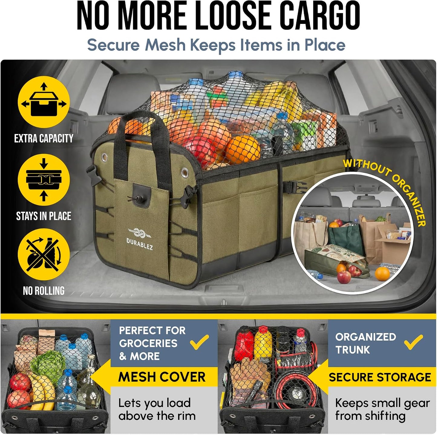 Heavy Duty 3-Section Trunk Organizer – Extra Large Collapsible &amp; Foldable Cargo Box, Modular Car Storage System for SUV, Truck, Van – Green