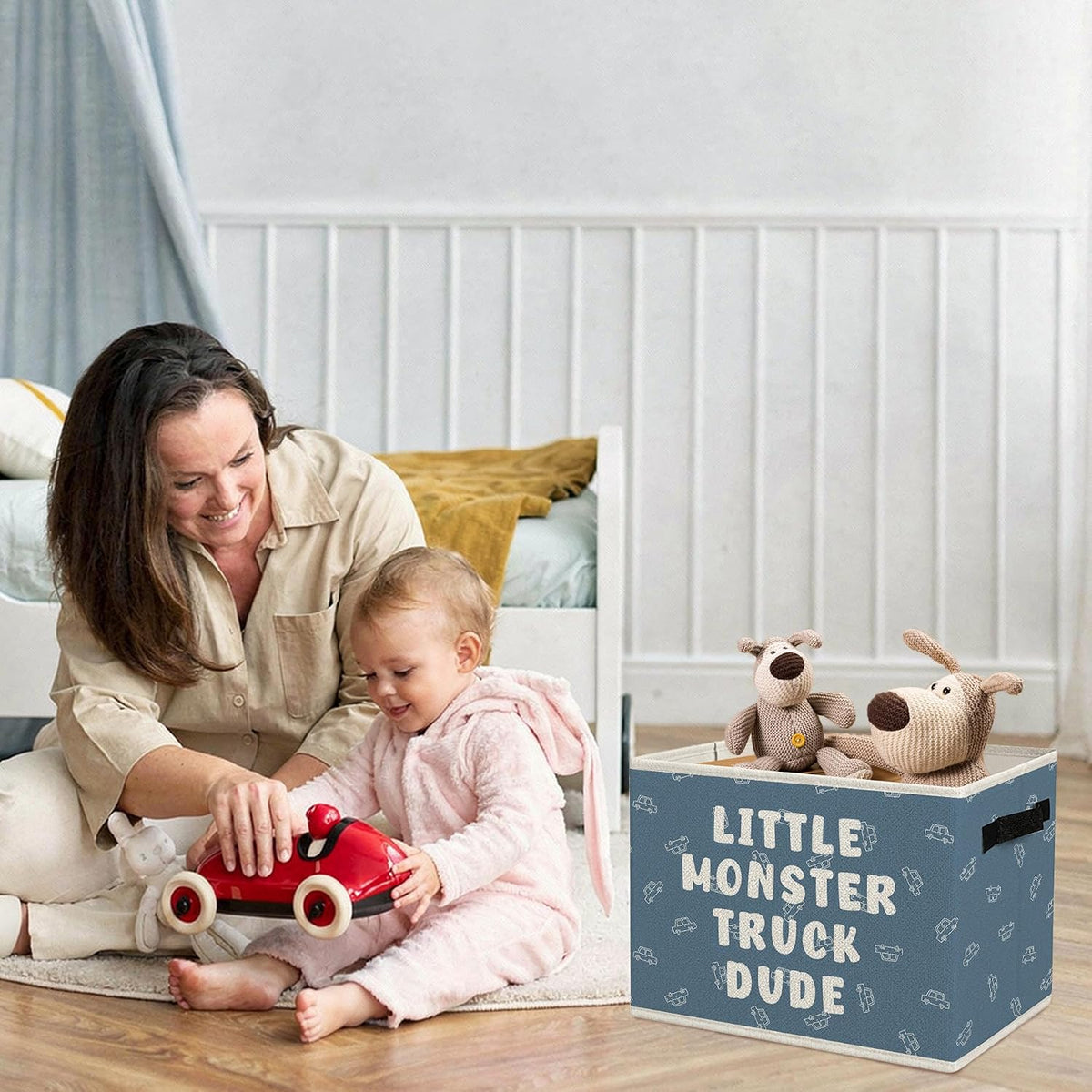 Blue Car Boy Nursery Storage Bins with Handles, Little Truck Dude Playroom Foldable Collapsible Storage Basket Organizer for Kids Boys Nursery Room Bedroom Bathroom Books Clothes