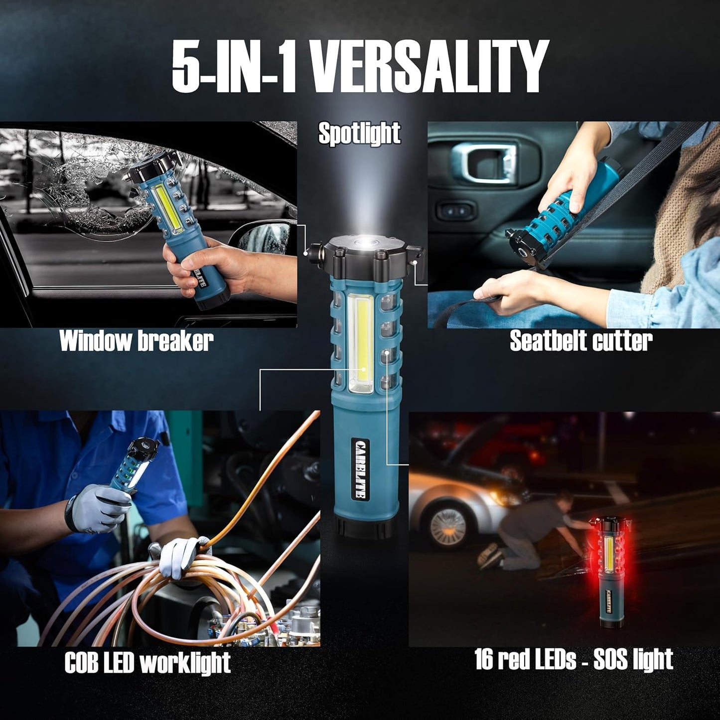 Emergency Car Flashlight with Seatbelt Cutter and Window Breaker, LED Work Light & Flash Beacon, Life-Saving Car Escape Tool for Roadside Safety (Blue)
