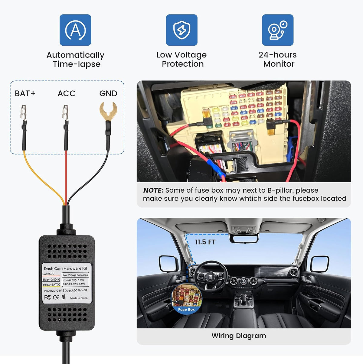 EWAY Type-C USB C Port Dash Cam Hardwire Kit, 3-Lead Acc Hard Wire Kit for Dash Camera 24H Parking Monitor, Low Voltage Protection 12V- 24V to 5V w/Fuses Dashboard Camera Power Supply Cord 11.5ft