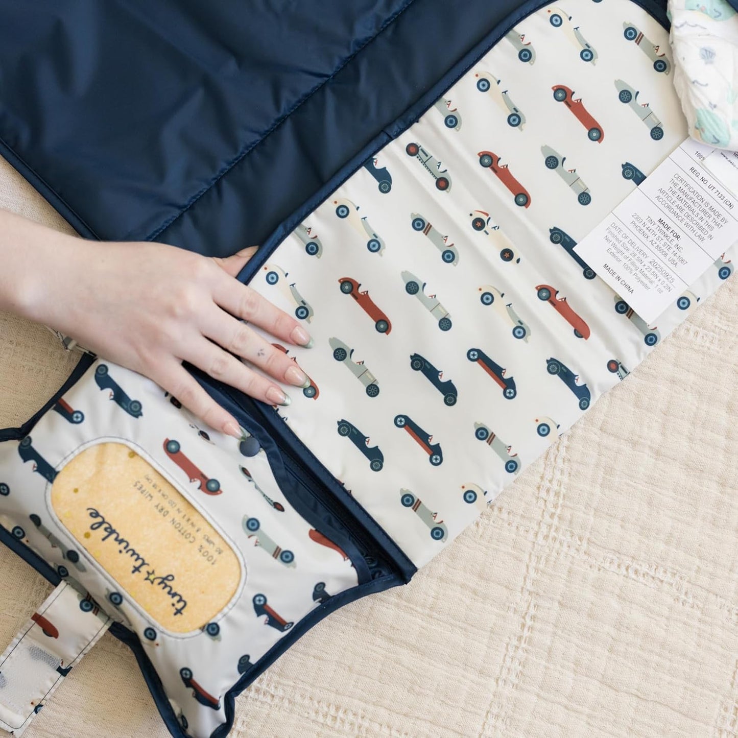 Tiny Twinkle Portable Diaper Changing Pad | Waterproof, Wipeable & Compact Baby Changing Pad for Travel | Smart Wipes Pocket & Organized Storage| Newborn Shower Gift (Vintage Cars)
