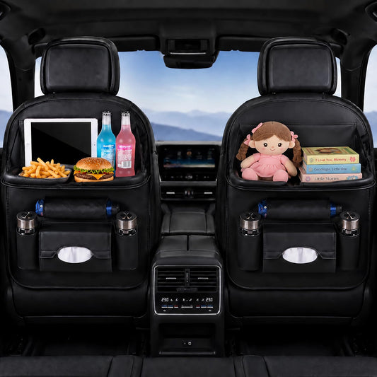 2 Pack Leather Look Car Backseat Organizer with Tablet Holder, Foldable Tray, 8 Storage Pockets, Cup Holder, Tissue and Umbrella Slots, Seat Back Protector Kick Mat for Cars SUVs Trucks