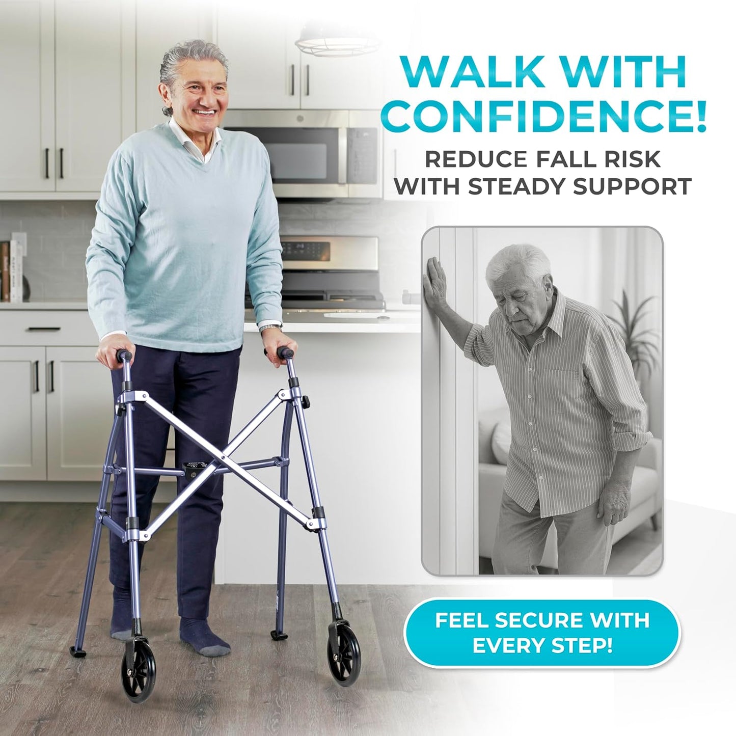 Stander Space Saver Walker, Lightweight Folding Rolling Mobility Aid for Seniors & Adults, Compact 2-Wheel Disability Device with 6-inch Wheels & Ski Glides for Walking Support, Cobalt Blue