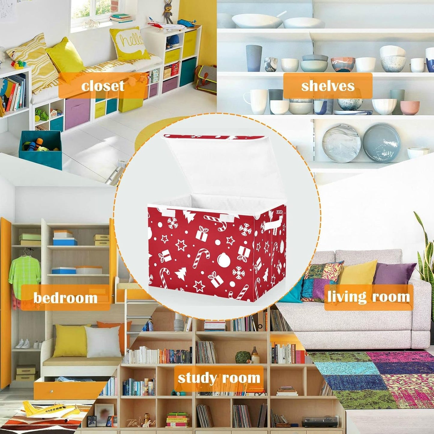 CaTaKu Large Fabric Storage Bins With Lids, Red Christmas Tree Storage Boxes With Handles for Organizing Clothes, Collapsible Storage Cube Bins Baskets for Shelves