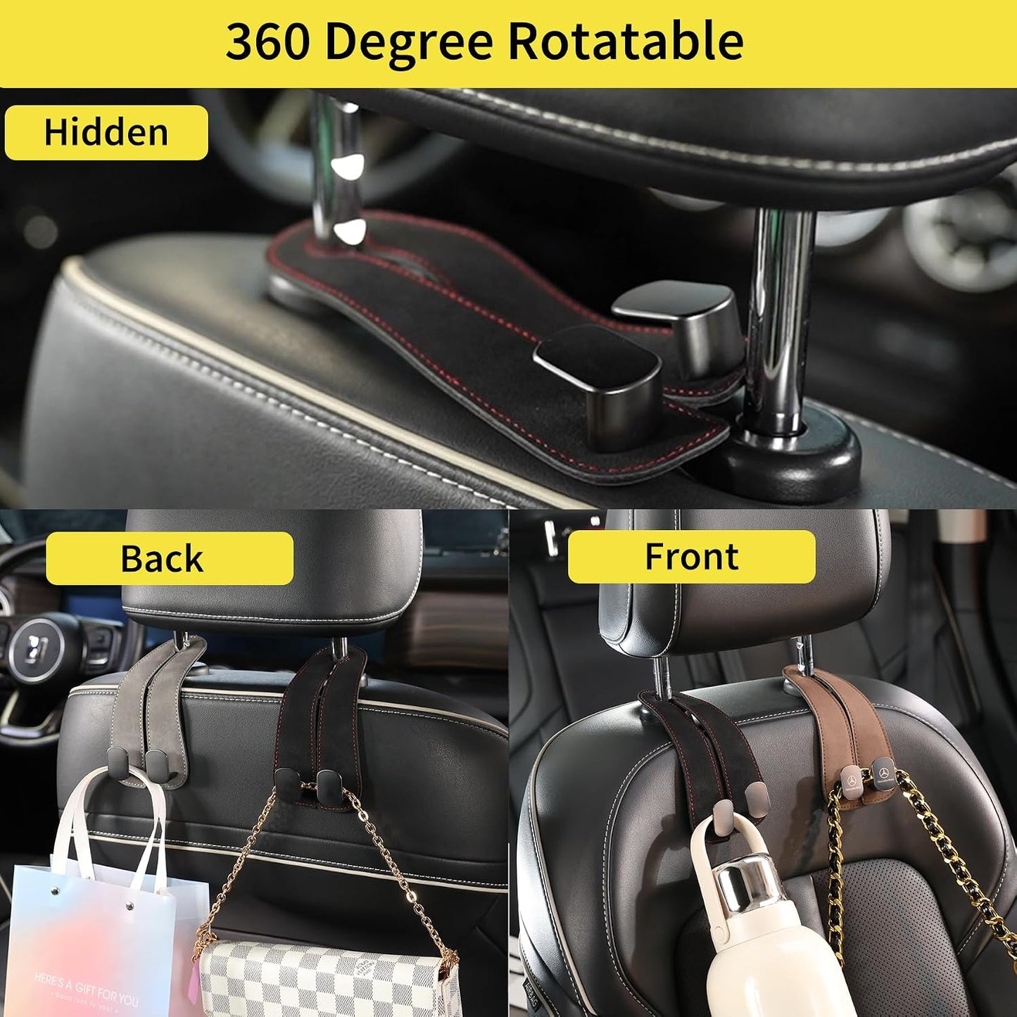WEIHAO Purse Hook for Car Headrest, Suede Car Seat Back Storage Hook, Aluminum Twin Hooks Leather Car Headrest Hangers, Bag Holder for Sedan, Trucks, SUVs, Most Vehicles (Black-2PCS)