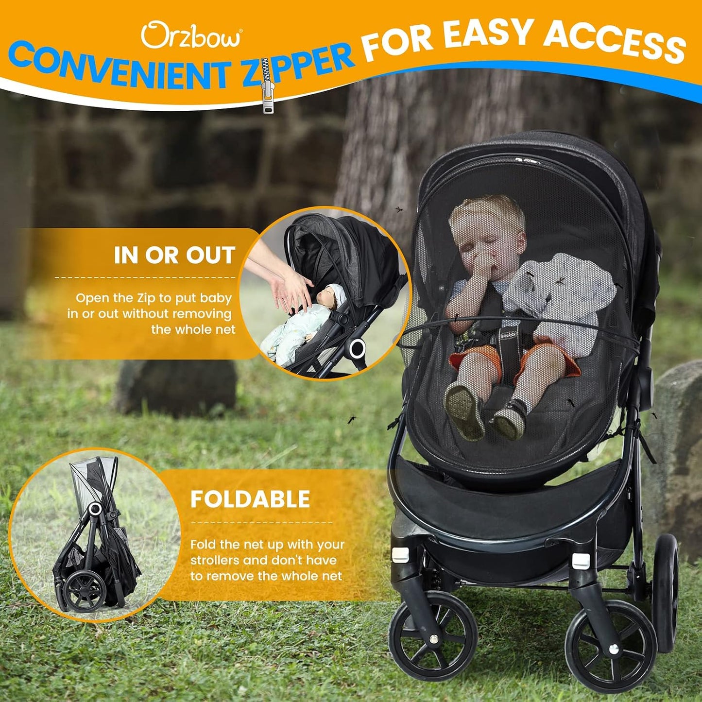 Orzbow Baby Mosquito Net for Stroller with Sun Shade, Breathable, Black | Tear-Resistant Mesh, Insect Barrier w/Travel Bag for Stroller, Car Seat, Bassinet, Cradle, Mini Cribs, Baby Summer Essential
