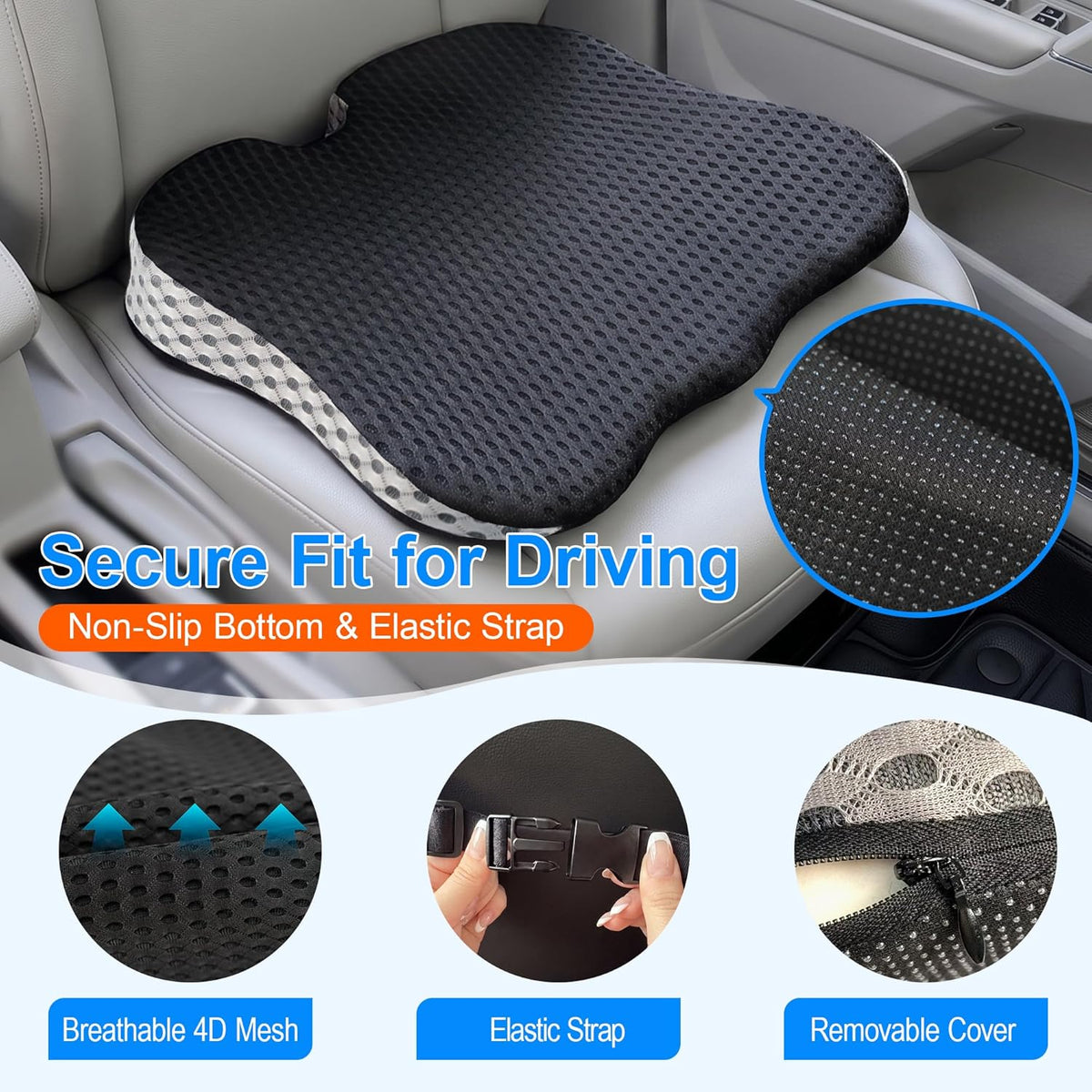 Car Seat Cushion for Driving, Wedge Driver Seat Cushion for Car | Memory Foam Car Seat Cushion for Long Driving, Car Cushion for Height, Non-Slip Base for Driver, Trucks, Office Chairs, Black