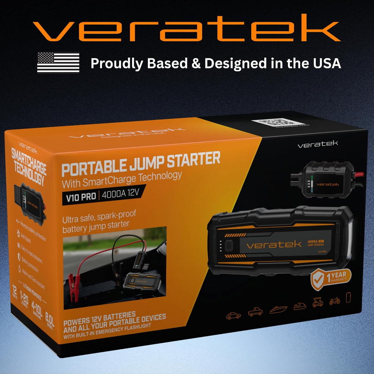ReelCharge - Veratek V10 Pro 4000A Car Battery Jump Starter Portable (10.0L Gas & 8.0L Diesel) – 12V Lithium Battery Booster Pack with SmartCharge Safety, Jumper Cables, 24000mAh Power Bank, Jump Box