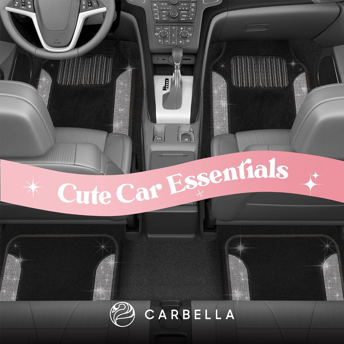 Carbella Diamond Bling Car Mats 4-Piece Set, Shiny Rhinestone Crystal Carpet Car Floor Mats, Two-Tone Floor Mats for Cars, Cute Automotive Interior Car Accessories for Women (White)