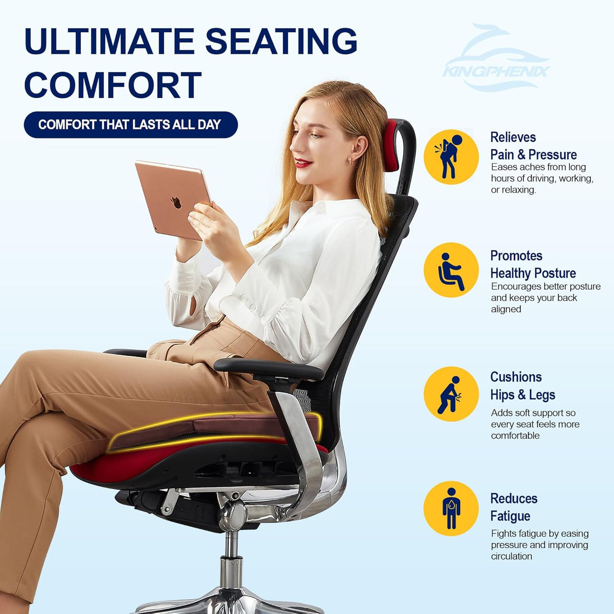 kingphenix Memory Foam Car Seat Cushion for Driving Comfort and Office Use