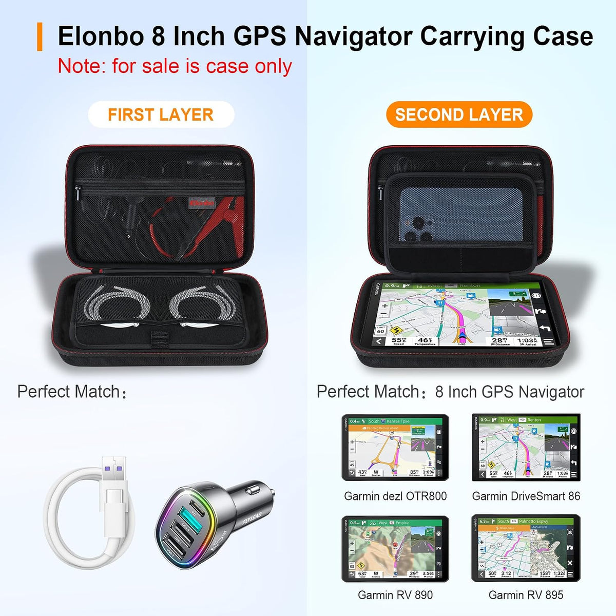 Elonbo GPS Carrying Case for 6-8 Inch Garmin DriveSmart 86 / dezl OTR800 / dezl OTR810 / RV 890 / RV 895 GPS Navigator System, Extra Mesh Pocket Fits Car Charger USB Cable, Black
