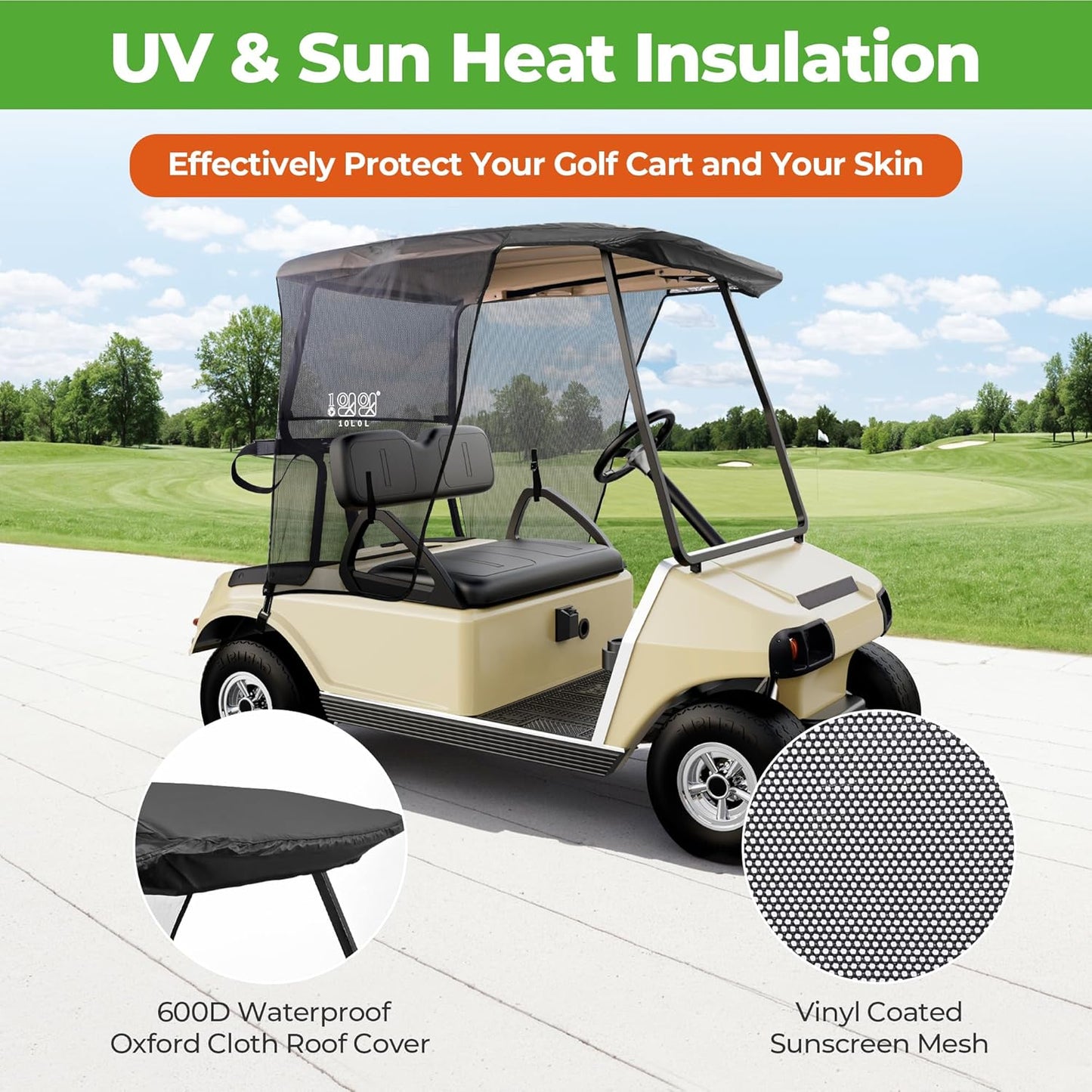10L0L 2 Passenger Golf Cart Sun Shade Cover for EZGO TXT RXV & Club Car DS Precedent Tempo, UV Heat Blocking Polyester Mesh Canopy Cover, Durable & Easy Install (Roof Size:59" L X 41" W)